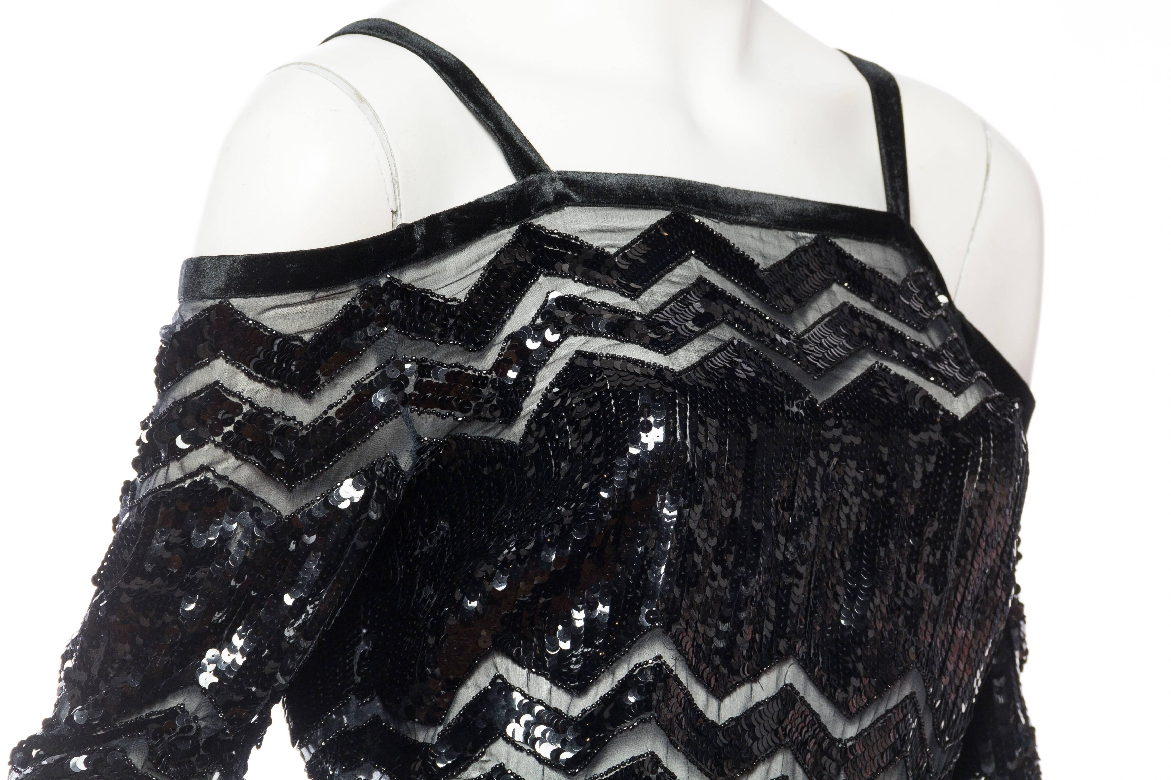 1960S  JACQUES RÉVAL Black Silk Crepe Cold Shoulder Beaded Organza Cocktail Dre For Sale 1