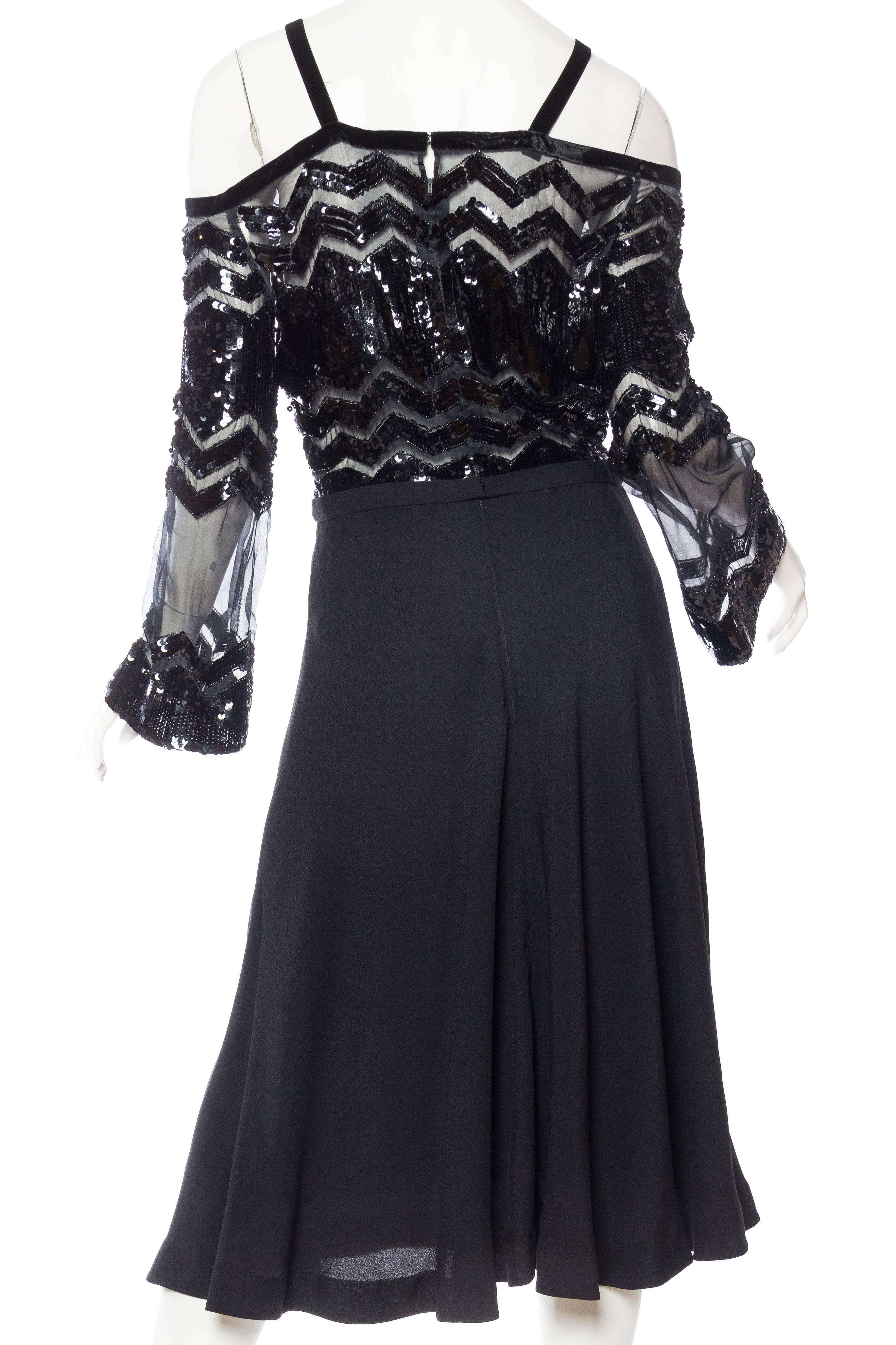 Women's 1960S  JACQUES RÉVAL Black Silk Crepe Cold Shoulder Beaded Organza Cocktail Dre For Sale