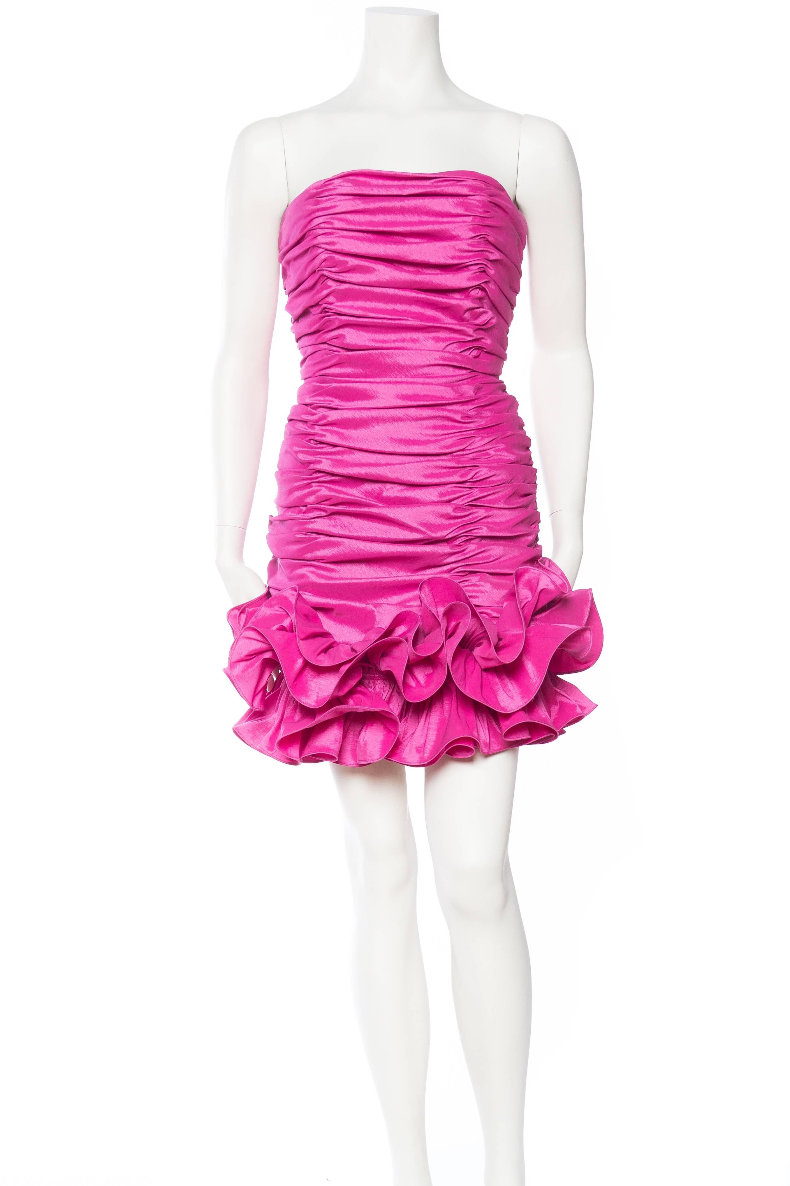 Pink 1980s Vicky Tiel Ruffled Taffeta Dress