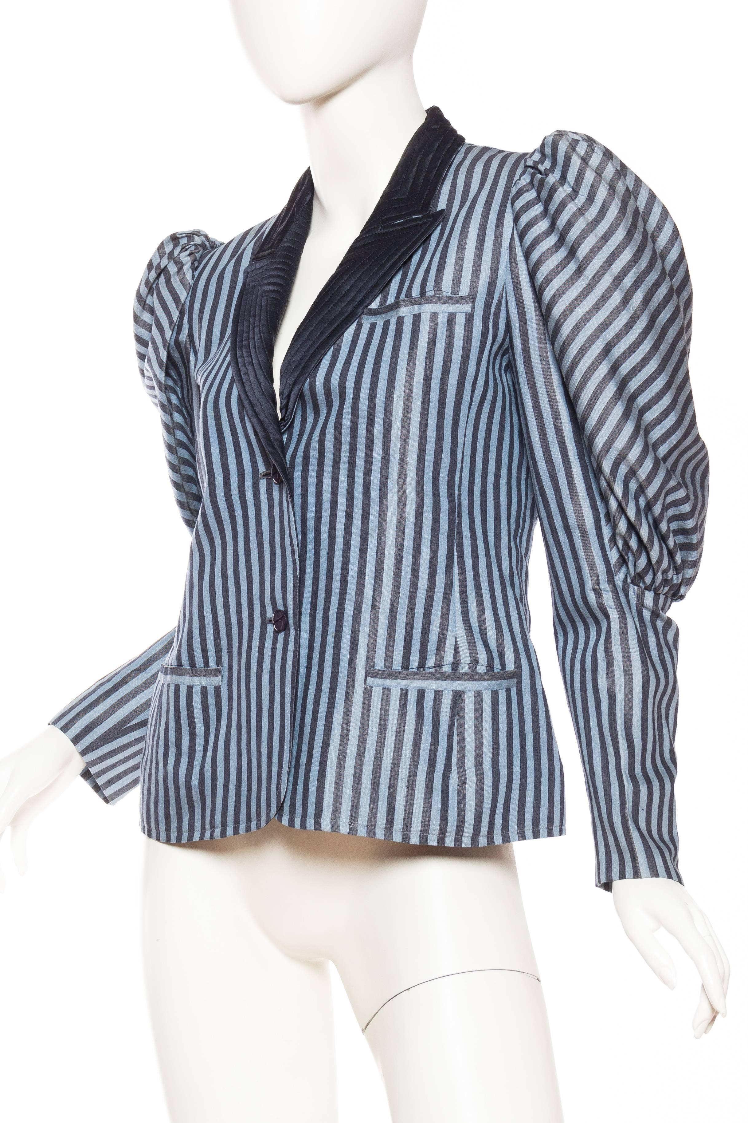 Gray 1970S VALENTINO Baby Blue Striped Silk Victorian Inspired Blazer Jacket