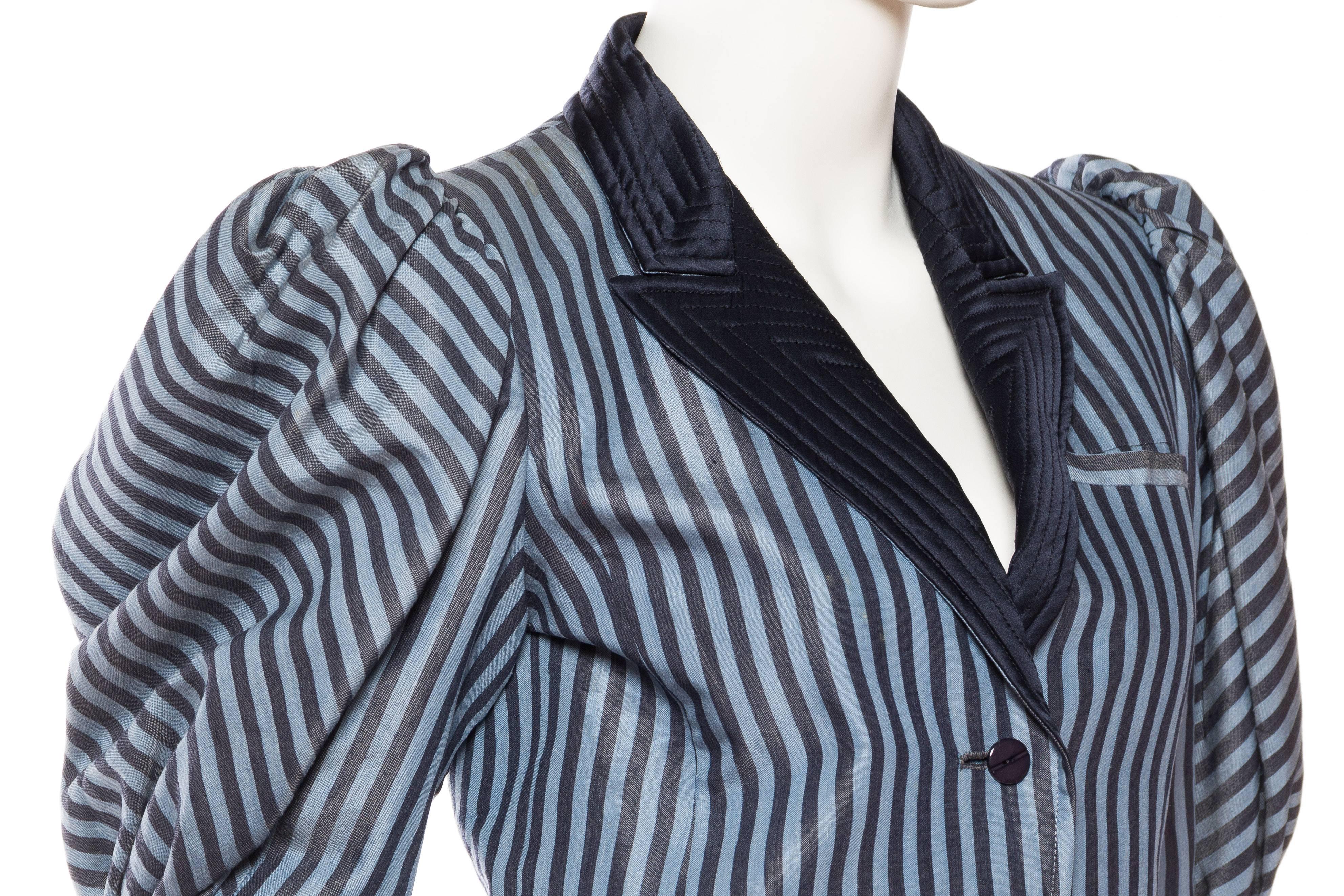 1970S VALENTINO Baby Blue Striped Silk Victorian Inspired Blazer Jacket 1