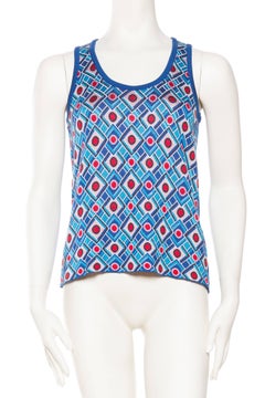 1970S BALENCIAGA Blue Rayon & Silk Geometric Knit Top Sz 40