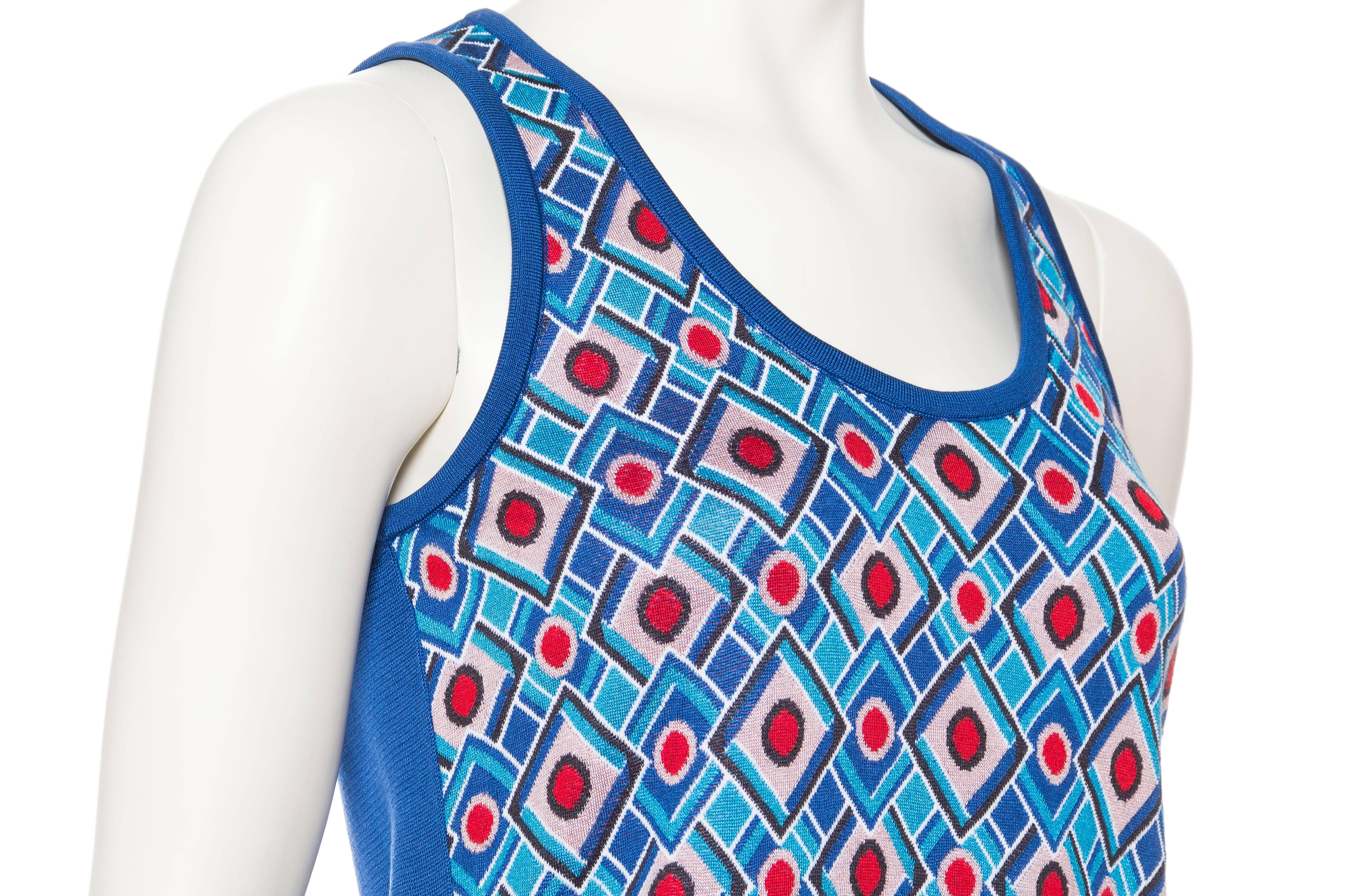 1970S BALENCIAGA Blue Rayon & Silk Geometric Knit Top Sz 40 For Sale 2