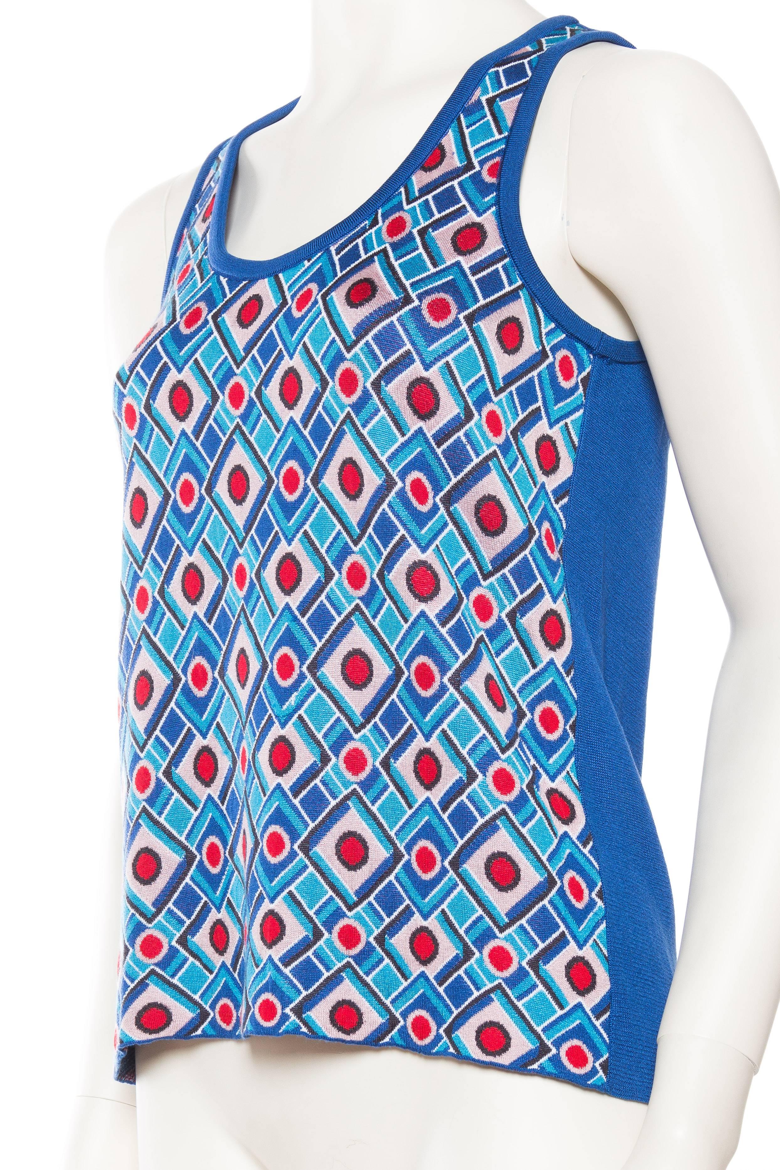 Women's 1970S BALENCIAGA Blue Rayon & Silk Geometric Knit Top Sz 40 For Sale