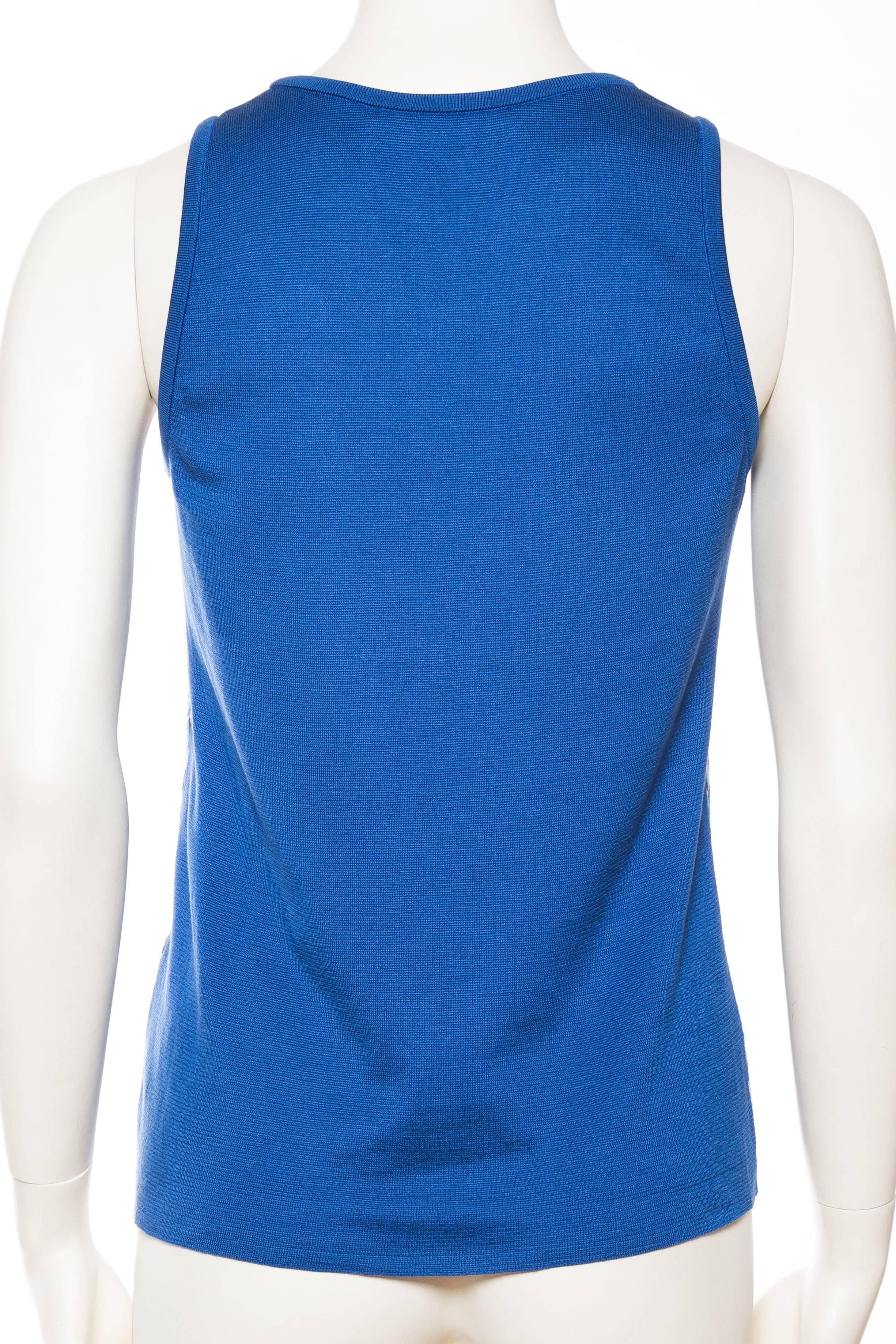 1970S BALENCIAGA Blue Rayon & Silk Geometric Knit Top Sz 40 For Sale 1