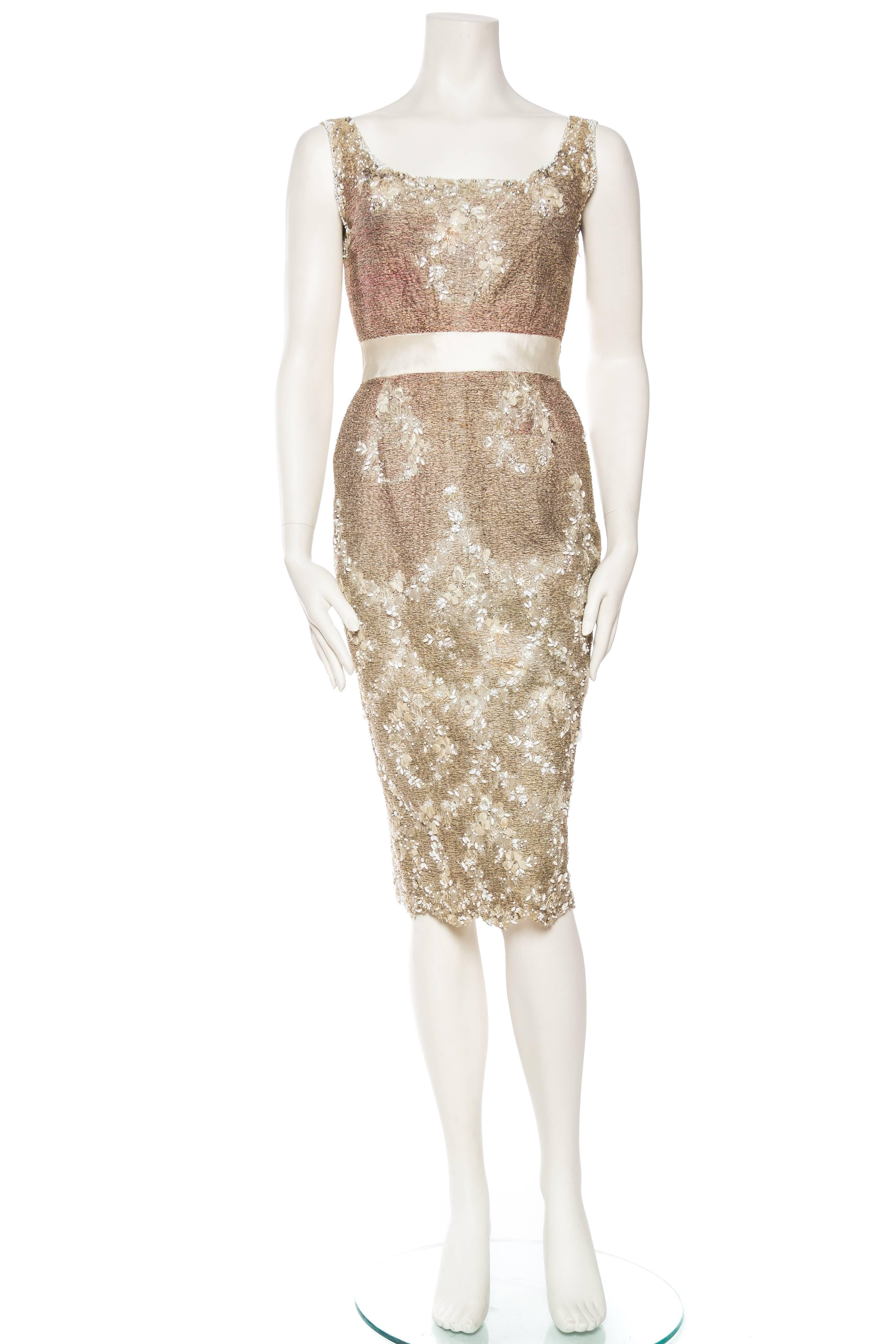 Very good condition for the age, some areas of discoloratioin to the lining.  1950S MAGGY ROUFF Cream & Pink Haute Couture Silk Chantilly Lace Fully Embroidered Beaded Cocktail Dress 