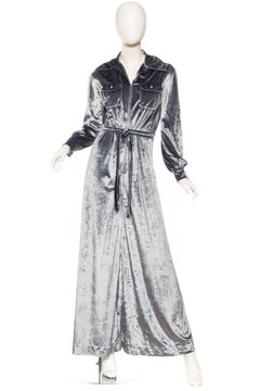 1970S Dove Grey Slinky Rayon Blend Velvet Jumpsuit With Crystal Buttons