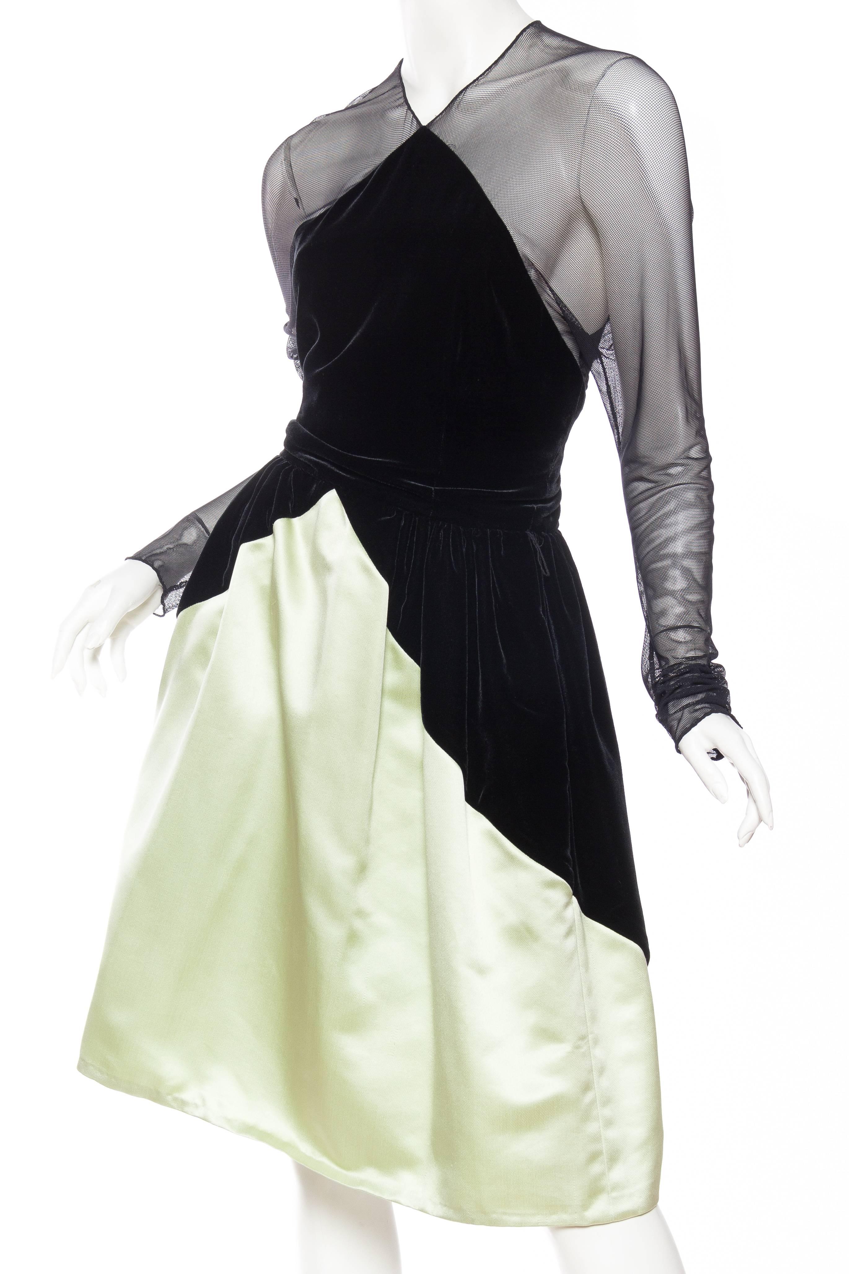 Bill Blass Satin, Velvet, & Sheer Net Dress In Excellent Condition In New York, NY