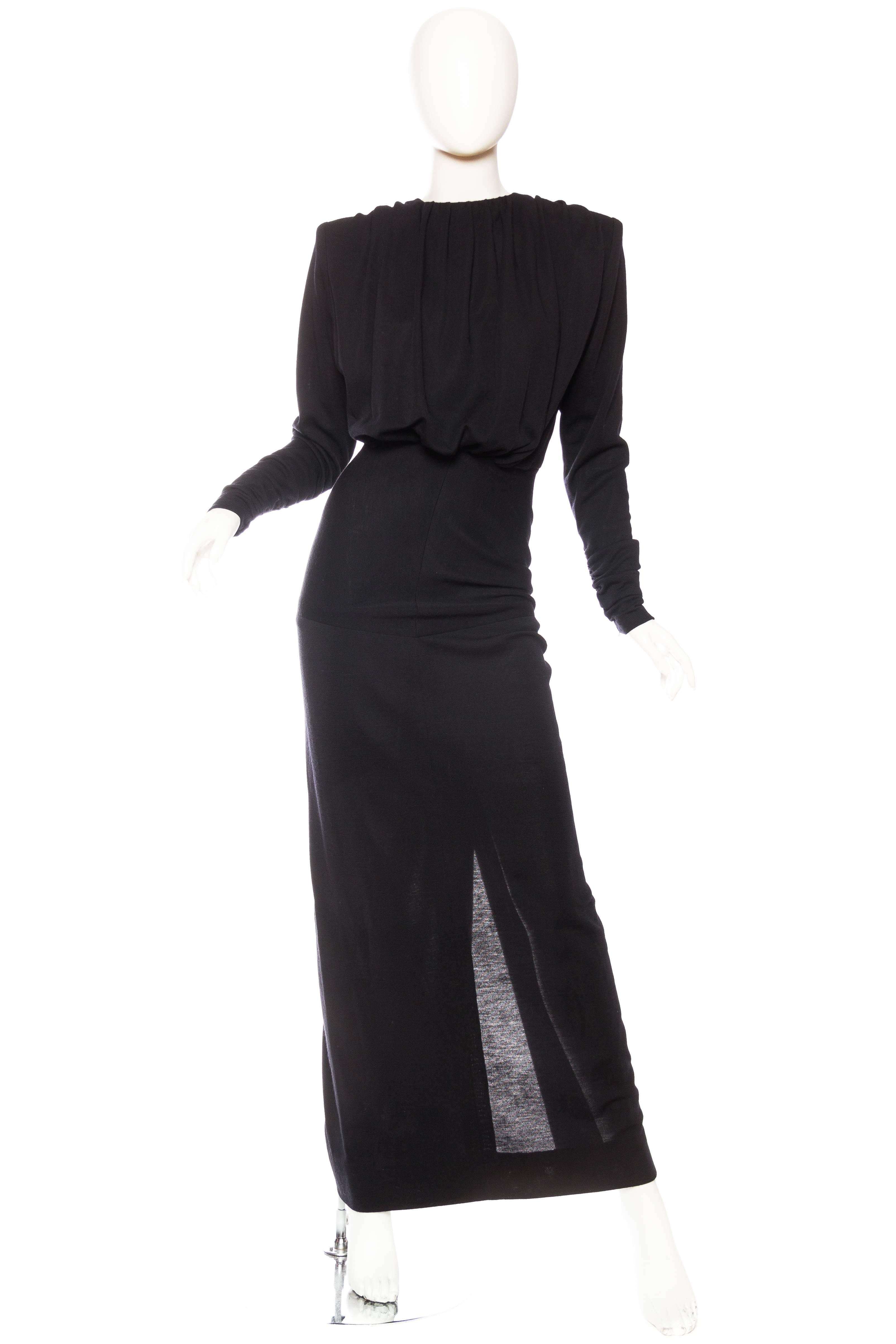 James Galanos Black Wool Jersey Powerful Shoulder Gown With Sleeves In Excellent Condition In New York, NY