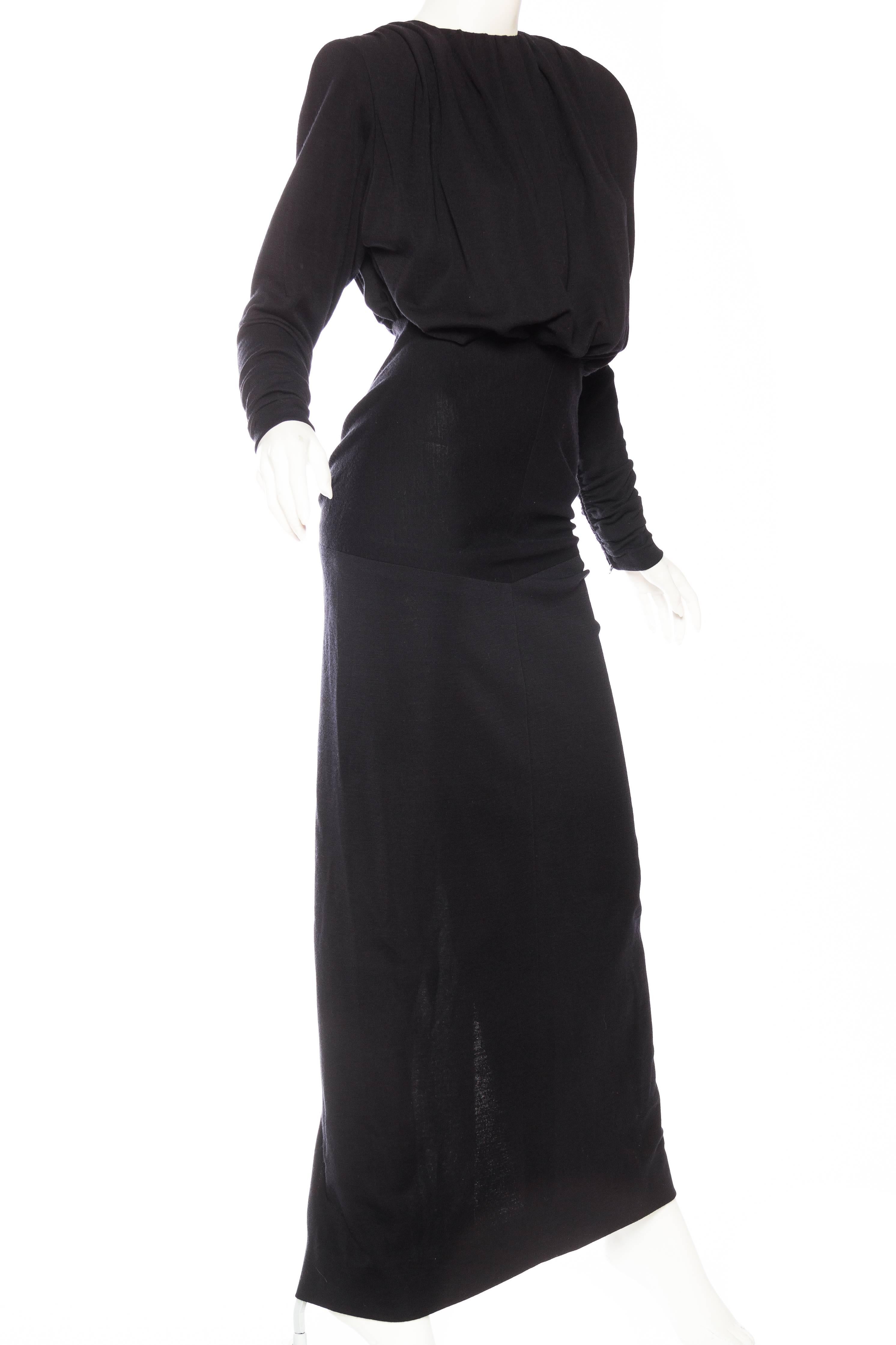 Women's James Galanos Black Wool Jersey Powerful Shoulder Gown With Sleeves