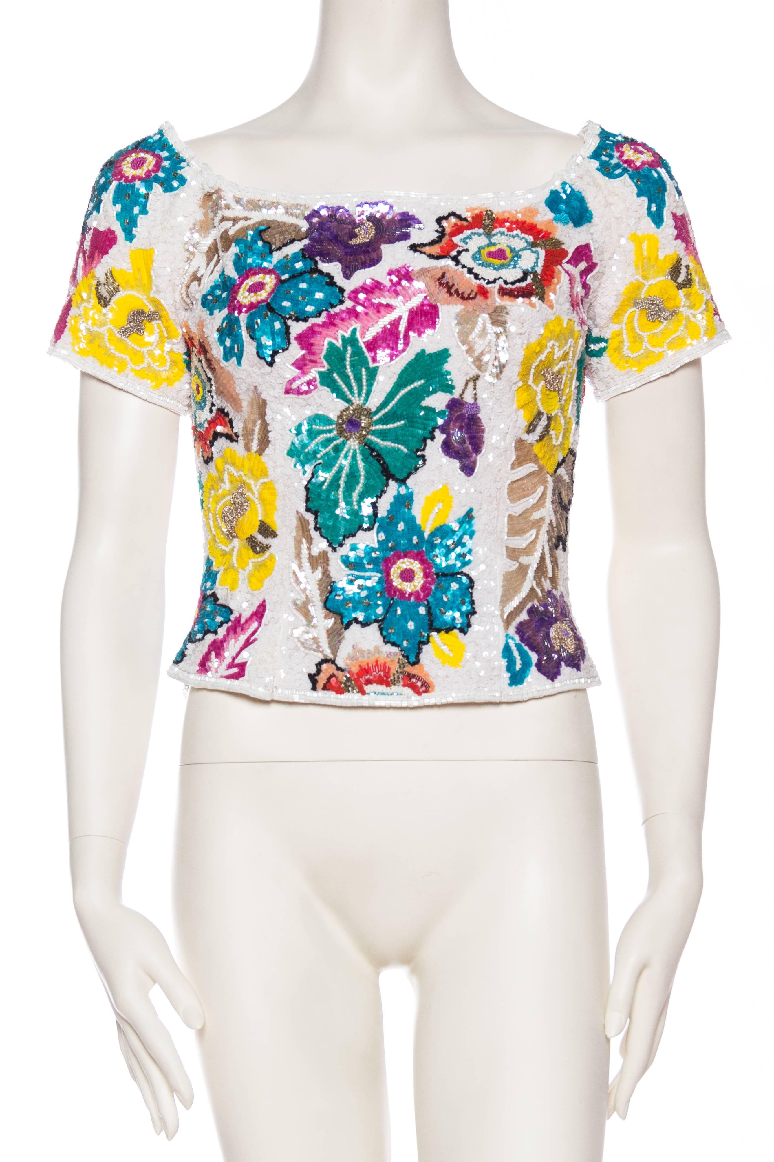 Beige Tropical Beaded and Embroidered Richilene Top