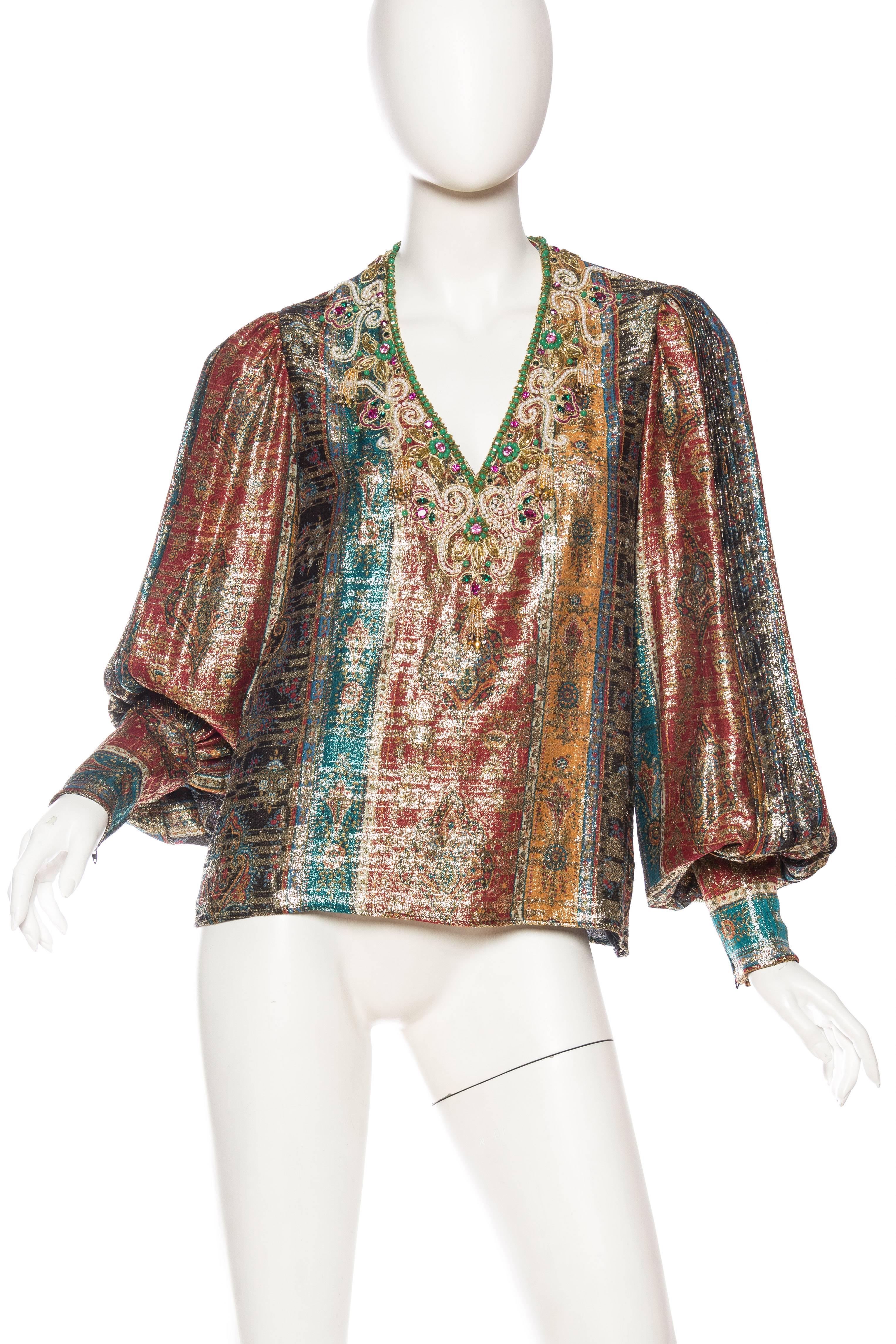 1970s Oscar De La Renta Indian Inspired Metallic Blouse Beaded with Crystals and Pearls