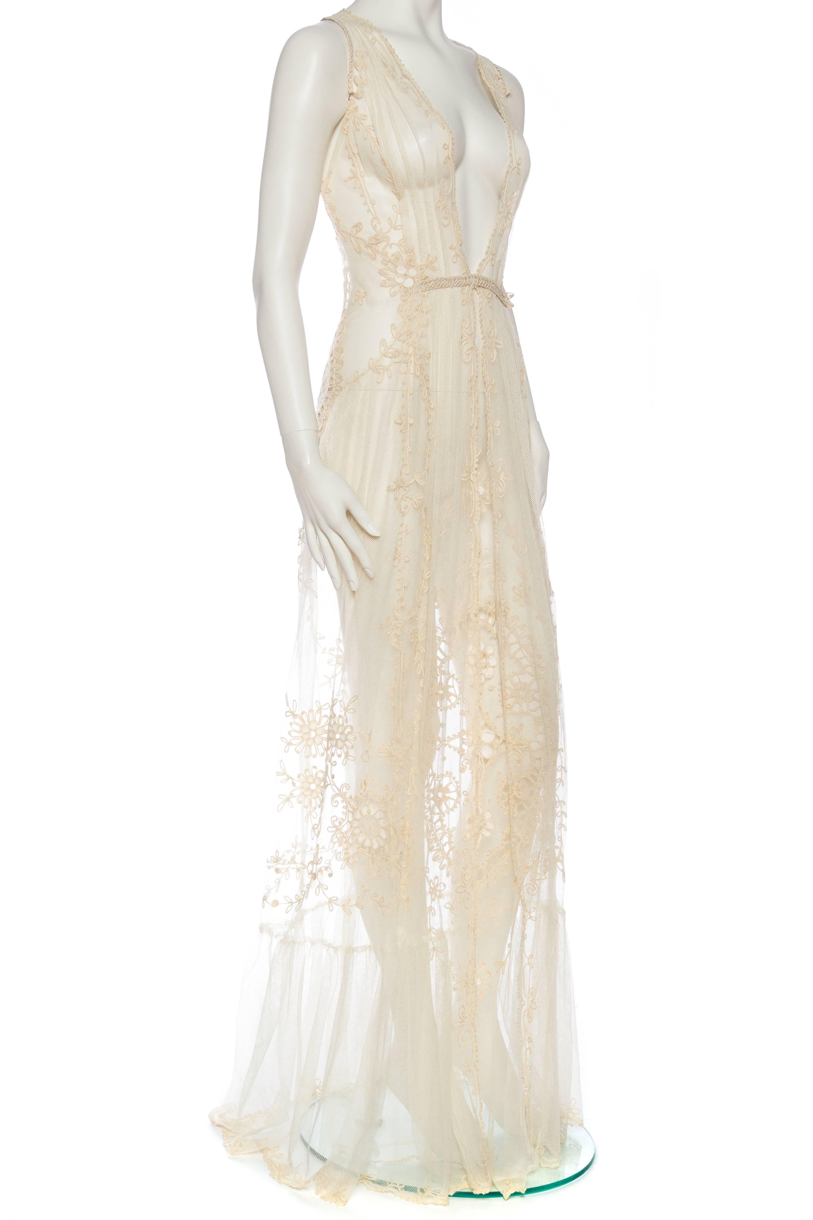 Beige Embroidered Edwardian Net and Lace Gown, Coordinating Cape/Train