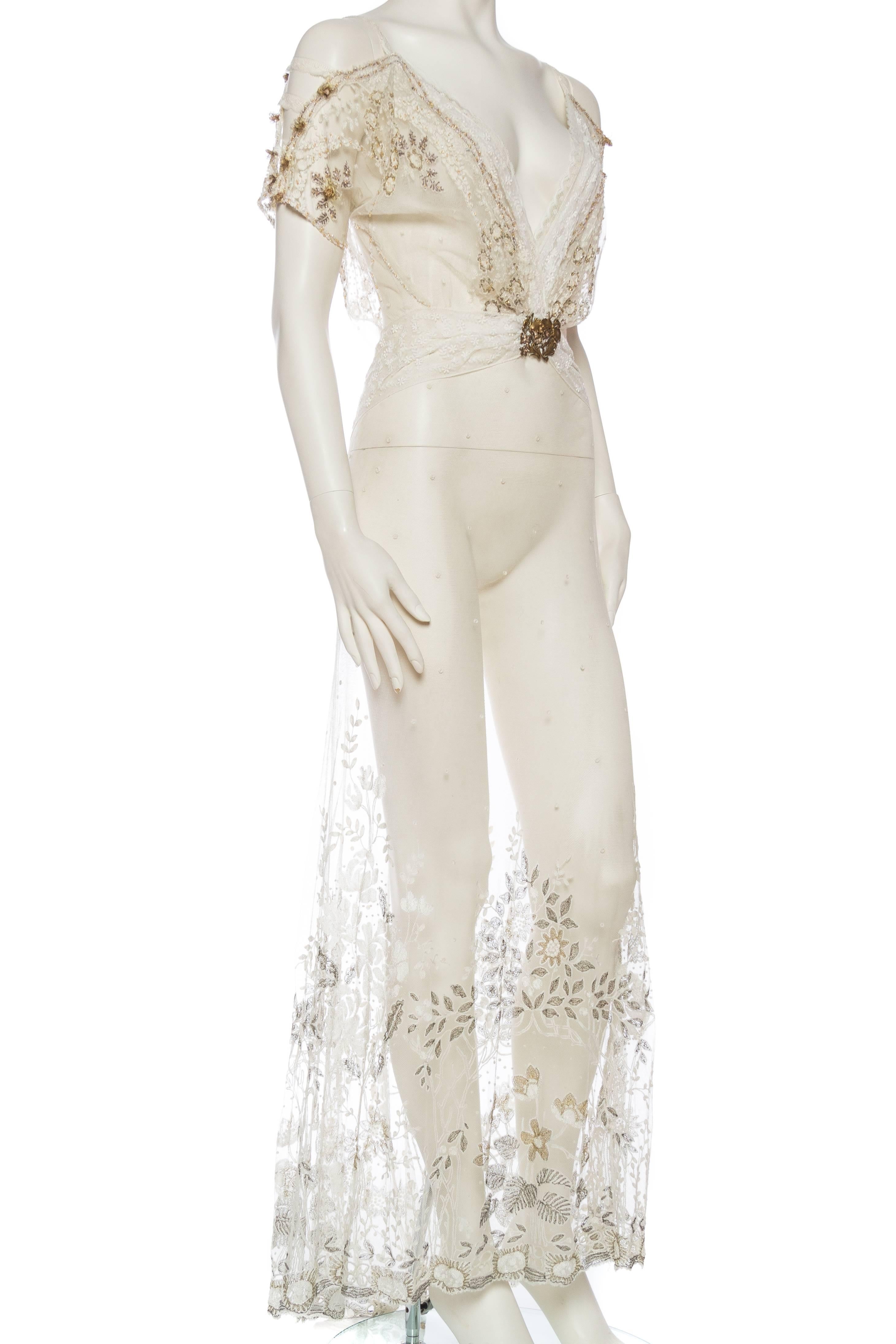 Beige Sheer Edwardian Metallic Embroidered and Beaded Lace Dress