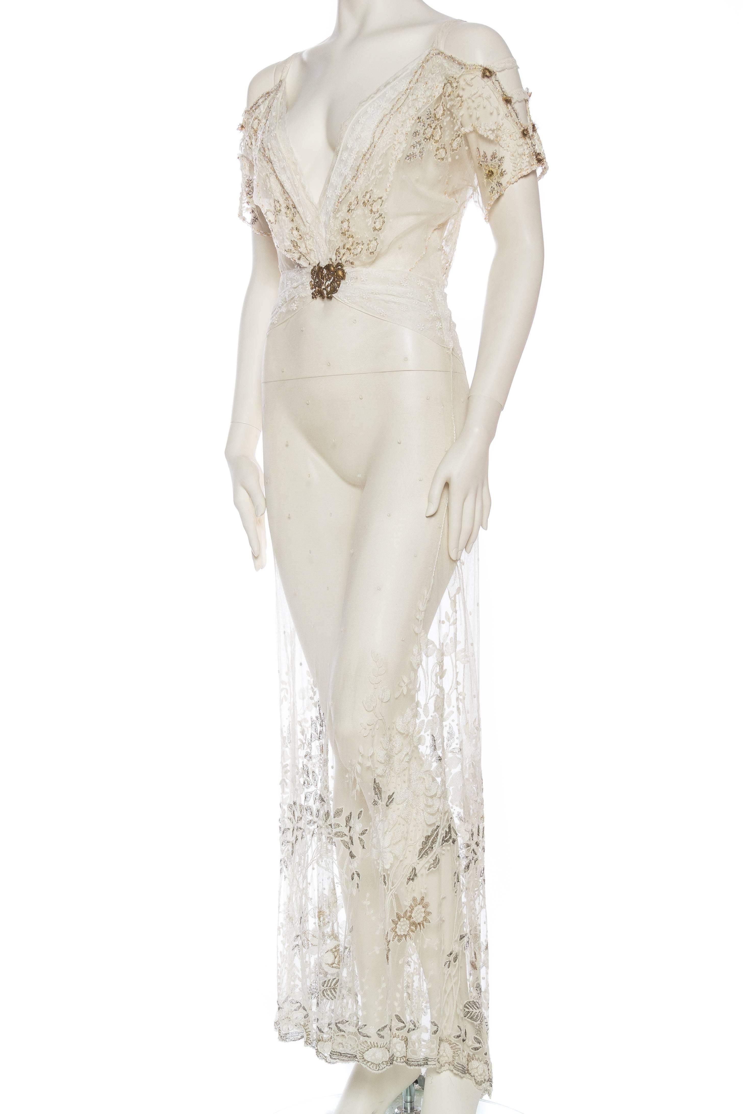 Sheer Edwardian Metallic Embroidered and Beaded Lace Dress In Excellent Condition In New York, NY