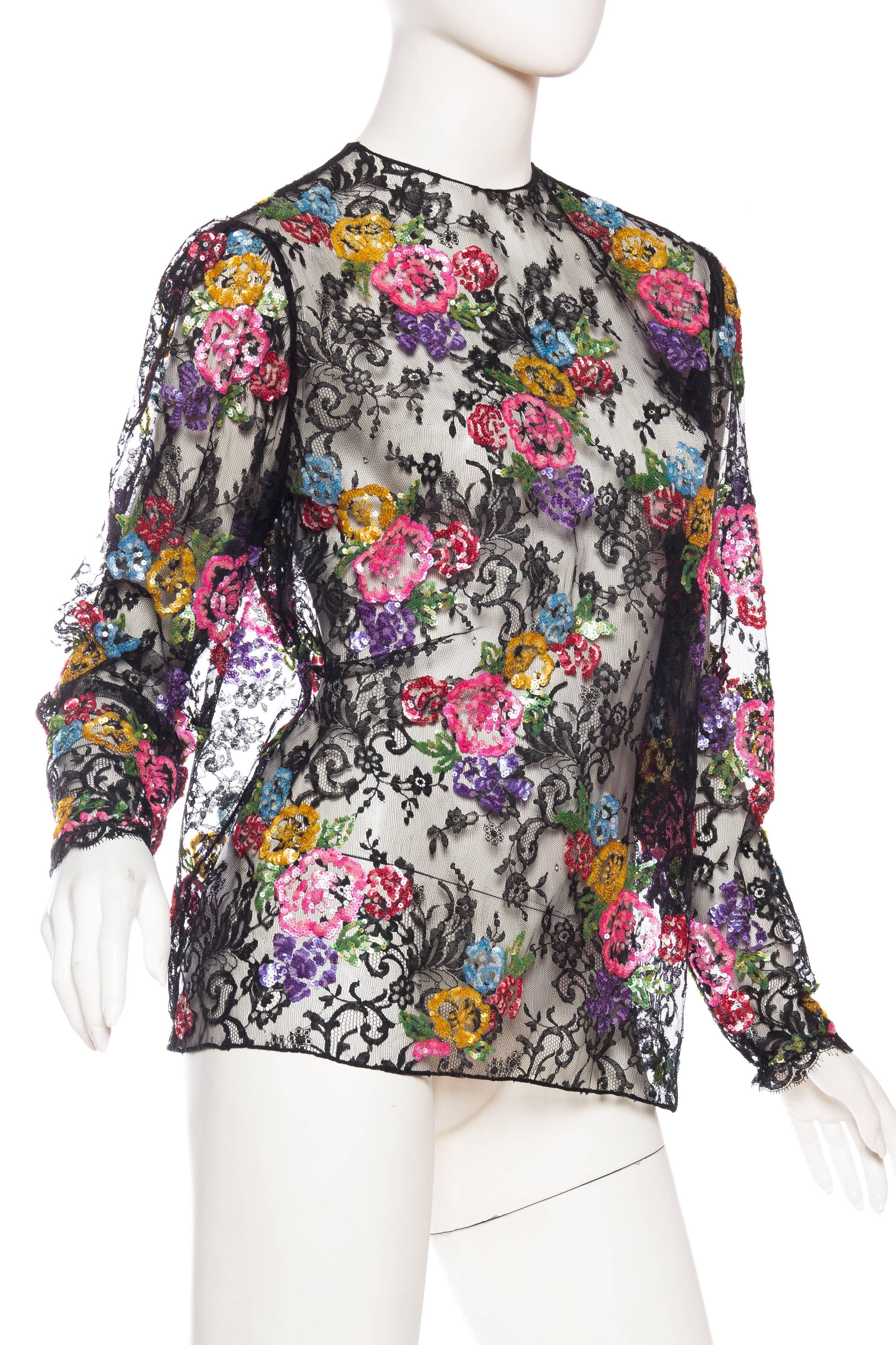 Oscar De La Renta Colourful Sequined Sheer Lace Blouse In Excellent Condition In New York, NY