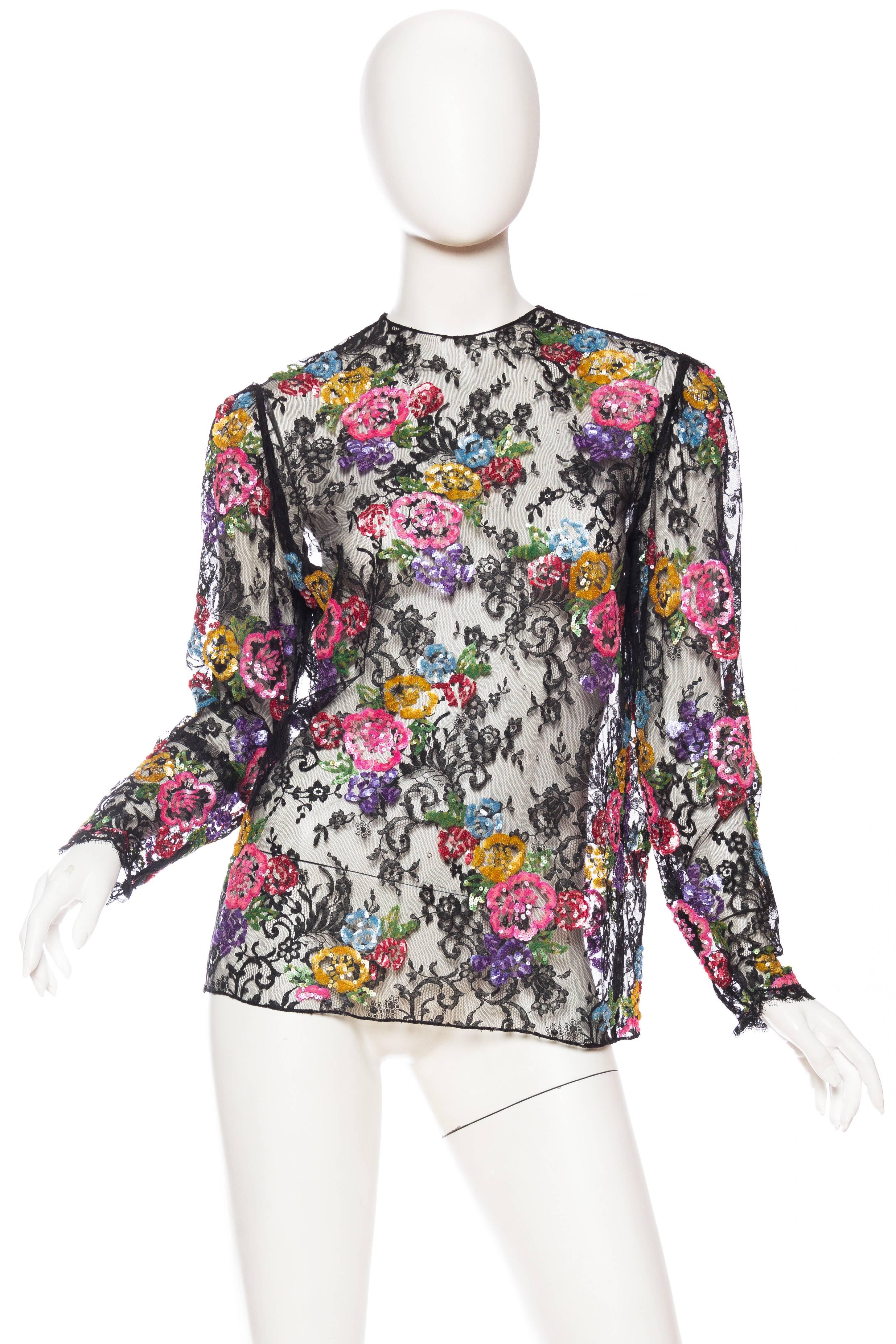 Gray Oscar De La Renta Colourful Sequined Sheer Lace Blouse