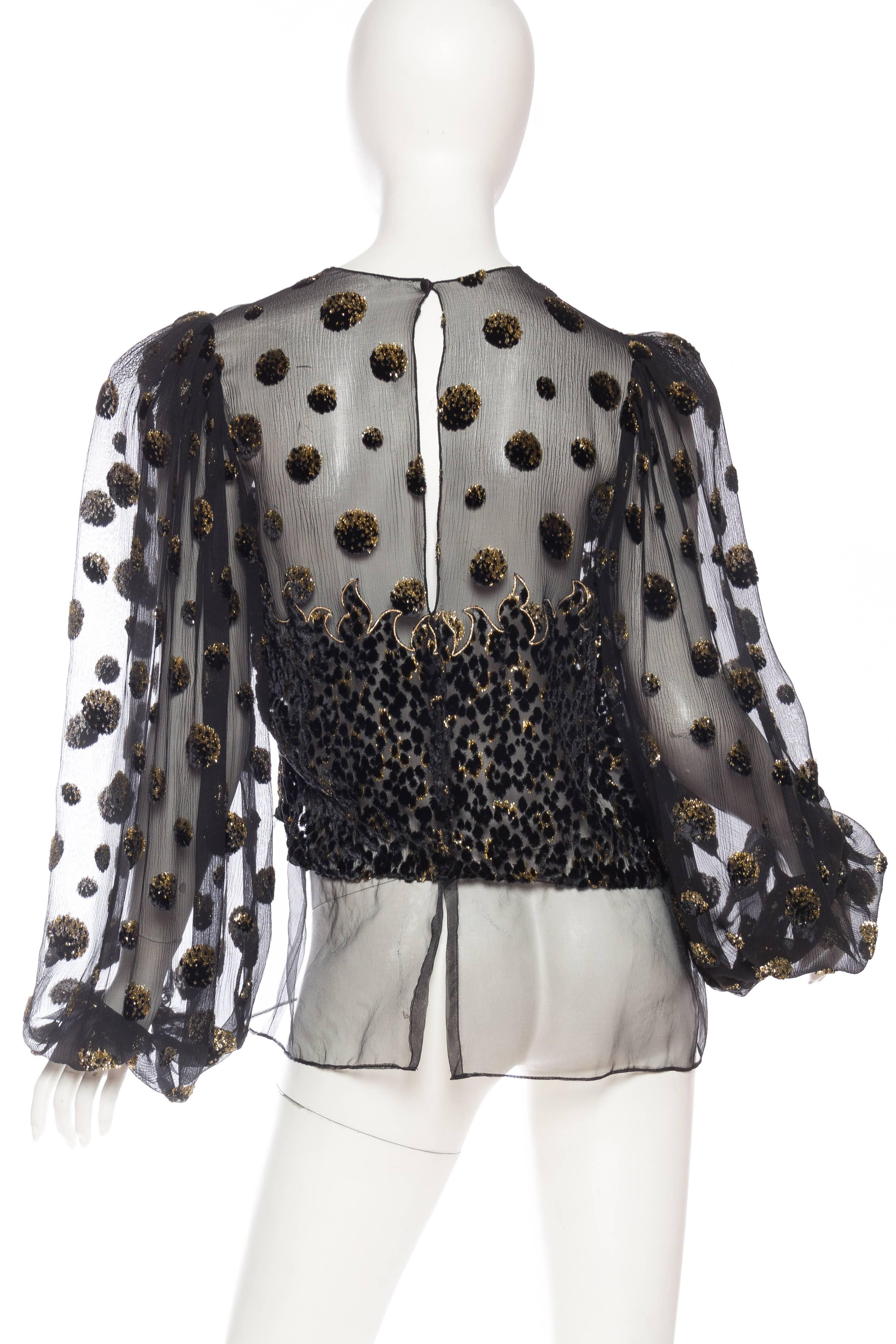 Women's Late 1970s Oscar De La Renta Sheer Metallic Devoré Velvet Blouse 