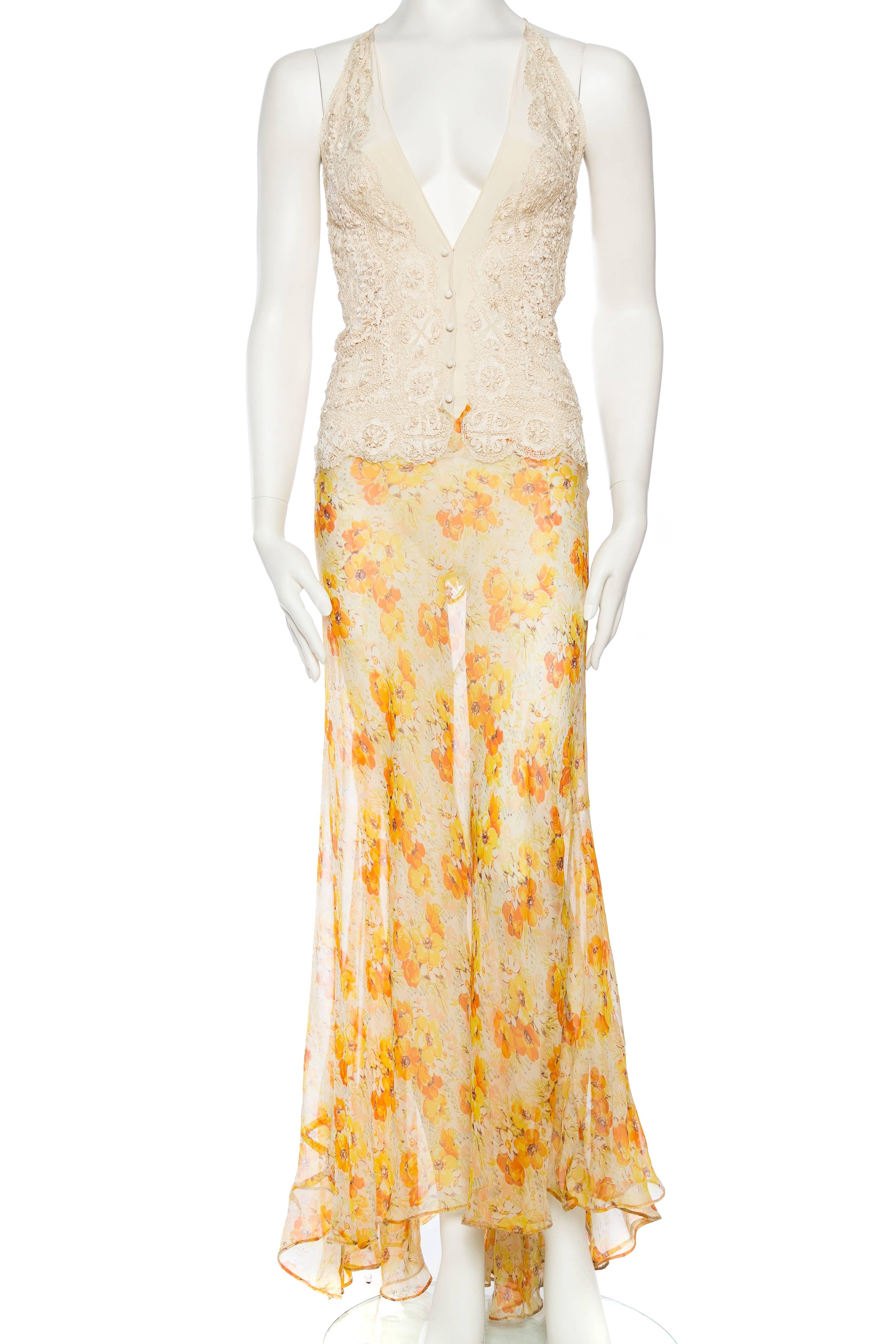 MORPHEW COLLECTION Ivory Backless Dress Made Of Hand Victorian Silk Lace And 1930S Floral Chiffon