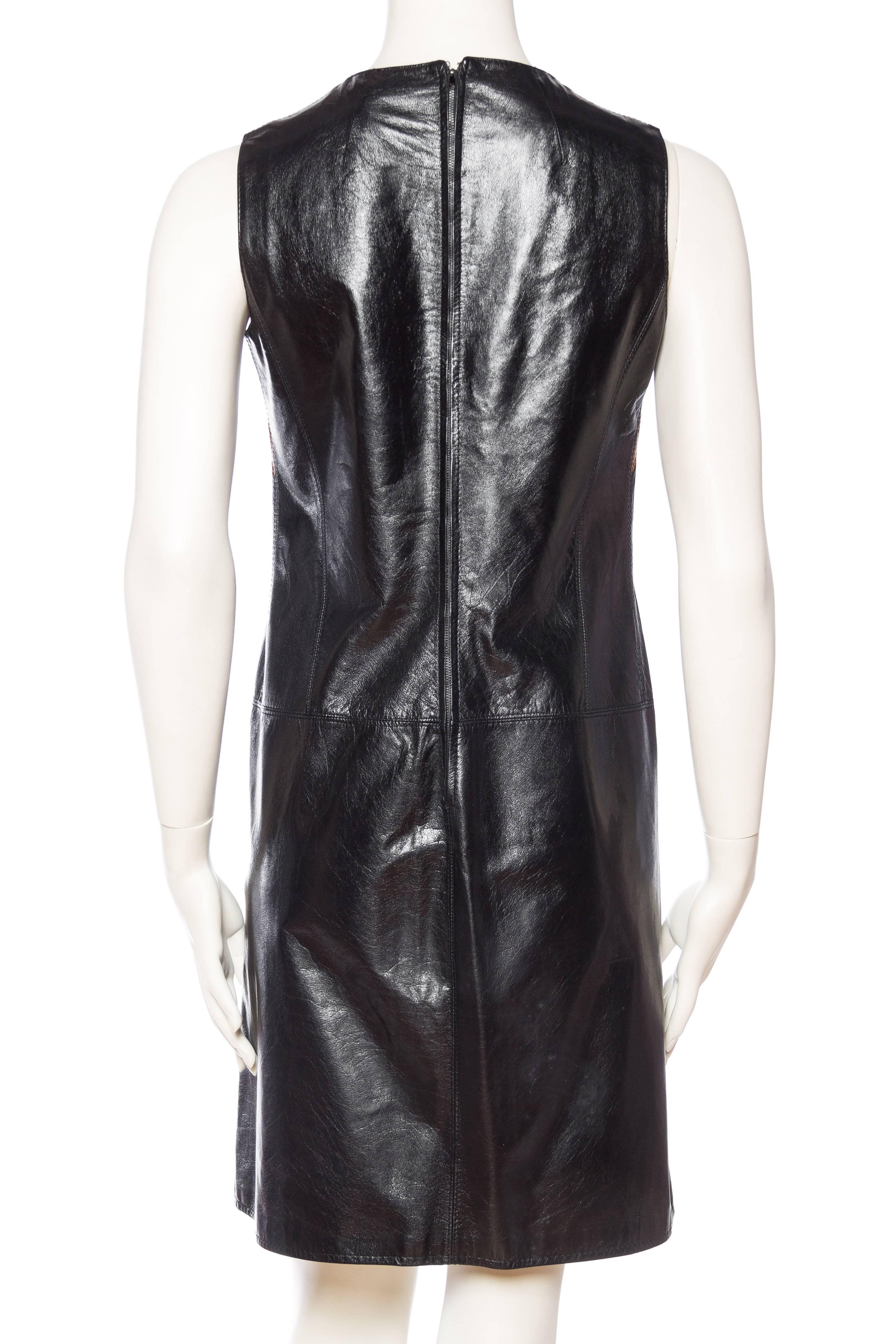 Women's 1960S Black & Brown Leather Mod Shift Dress From Italy