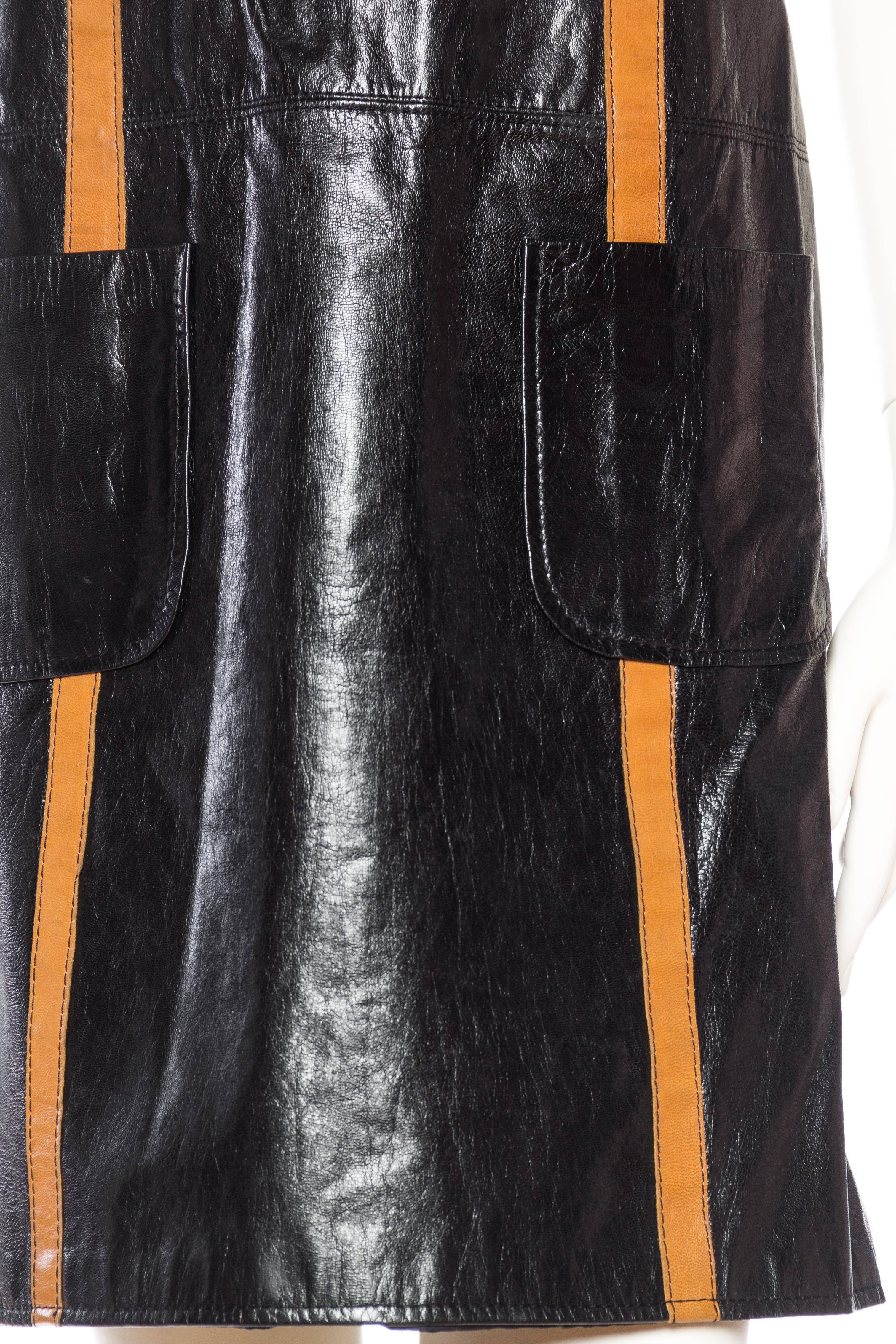 1960S Black & Brown Leather Mod Shift Dress From Italy 2