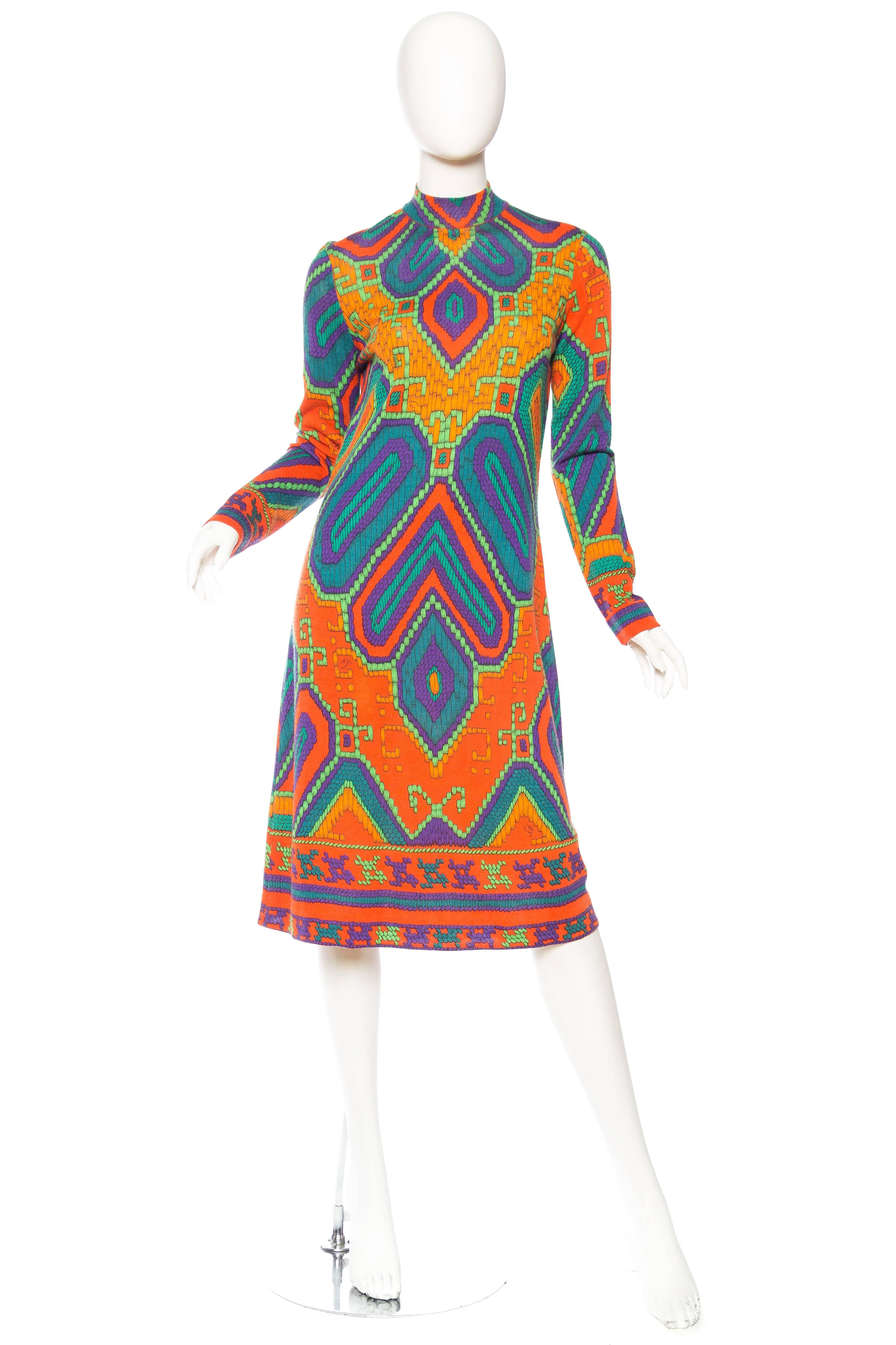 Brown 1960S LEONARD Orange & Blue Wool Blend Knit Long Sleeve Moroccan Print Mod Dress