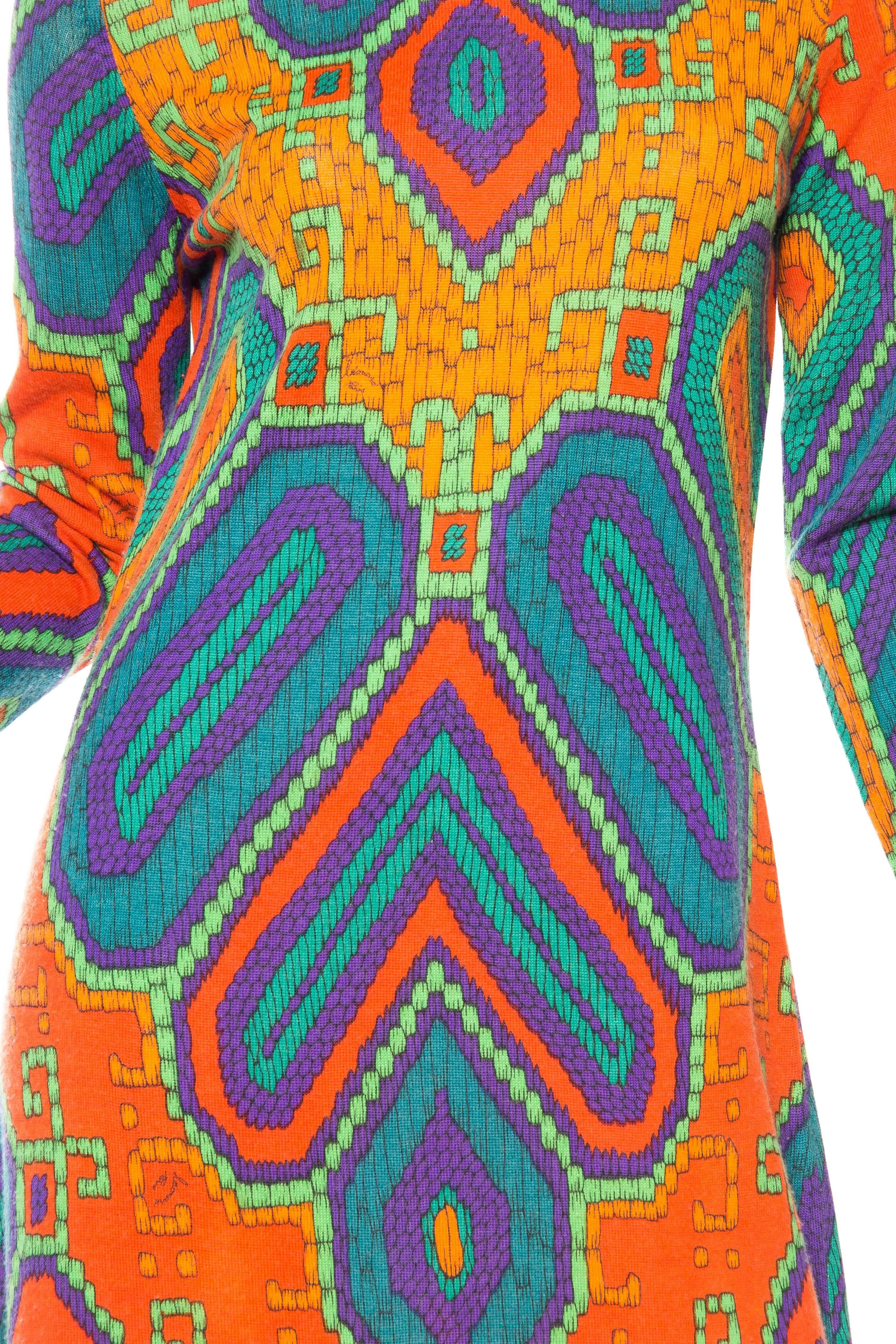 1960S LEONARD Orange & Blue Wool Blend Knit Long Sleeve Moroccan Print Mod Dress 3