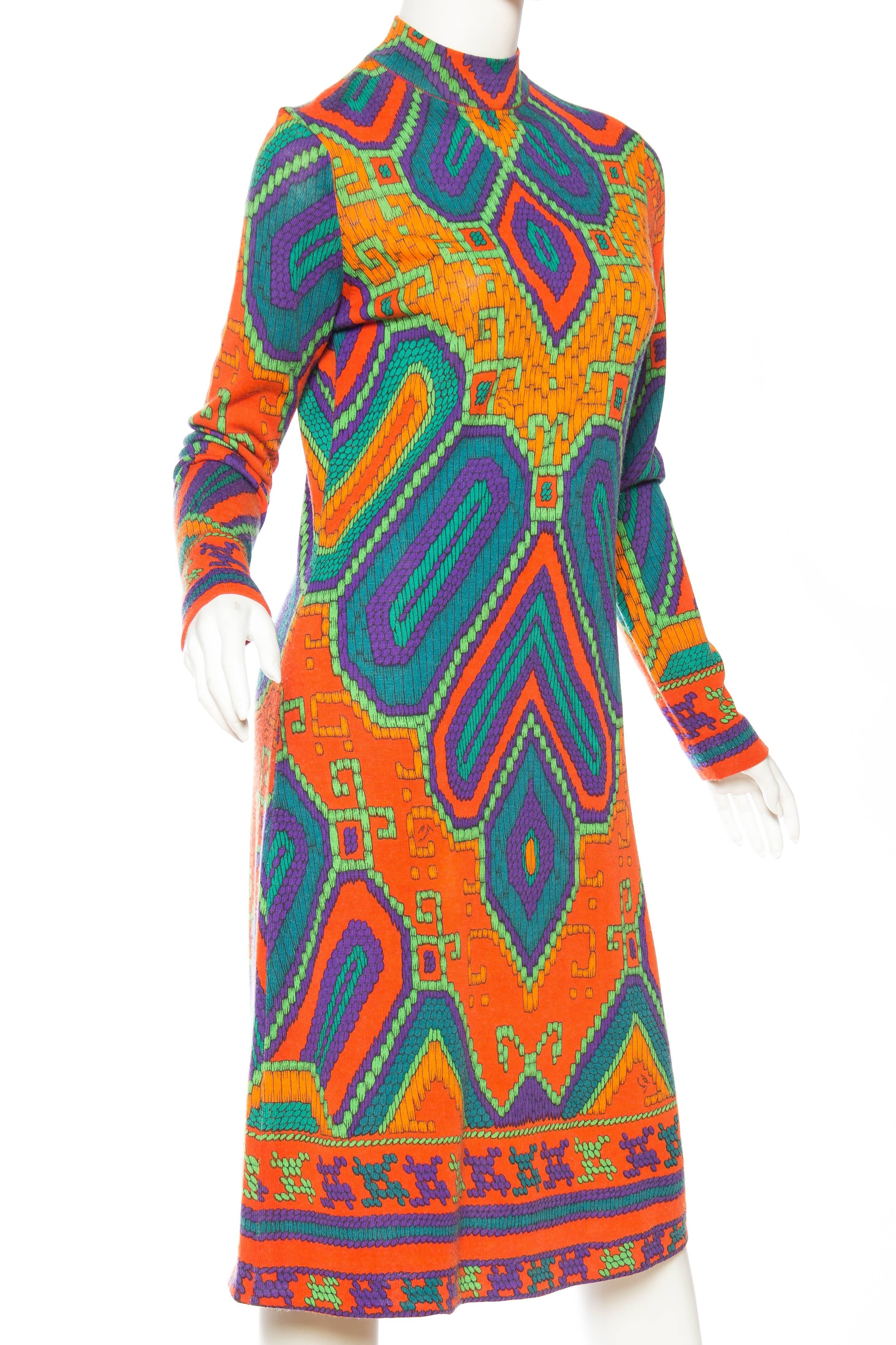 1960S LEONARD Orange & Blue Wool Blend Knit Long Sleeve Moroccan Print Mod Dress In Excellent Condition In New York, NY