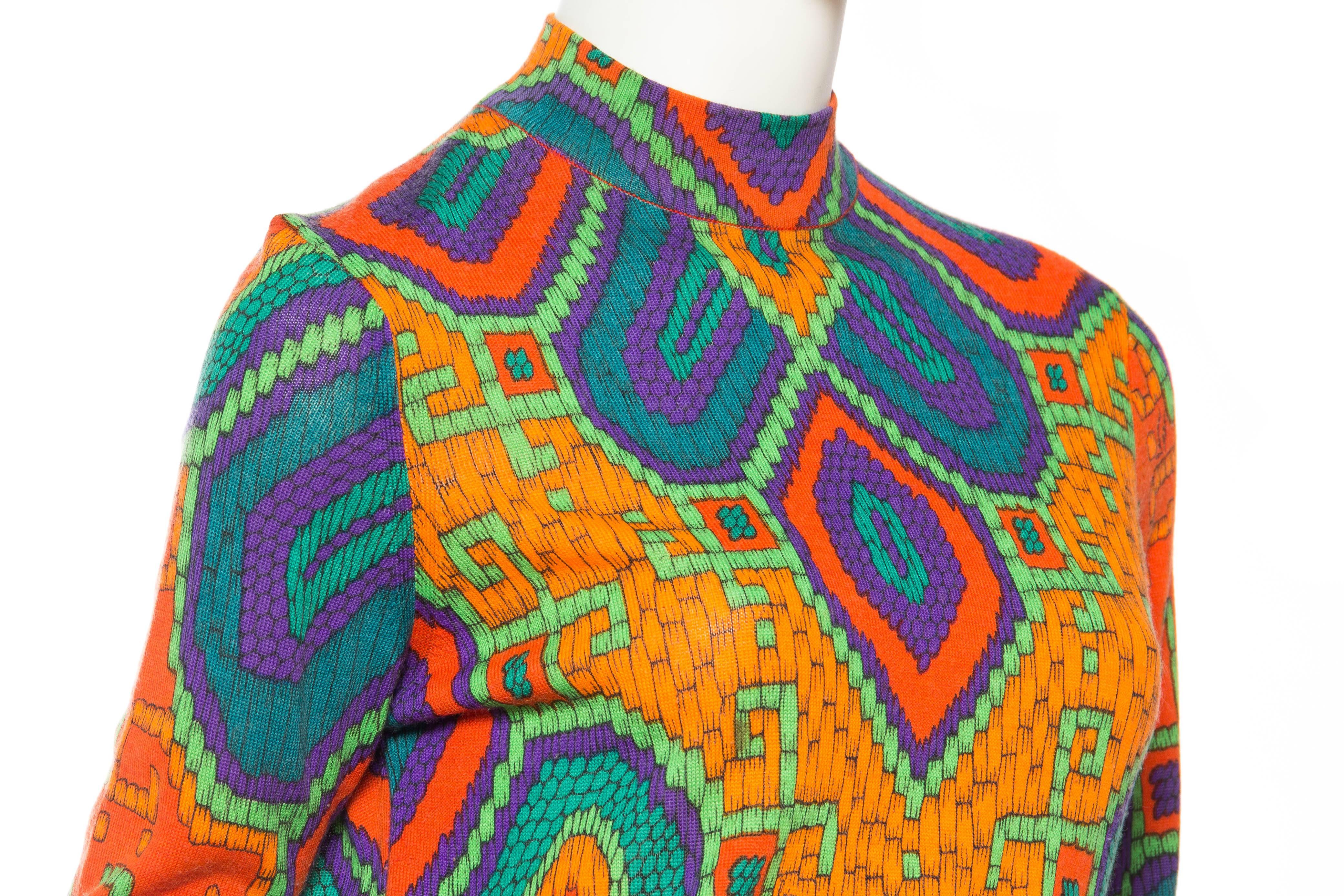 1960S LEONARD Orange & Blue Wool Blend Knit Long Sleeve Moroccan Print Mod Dress 2