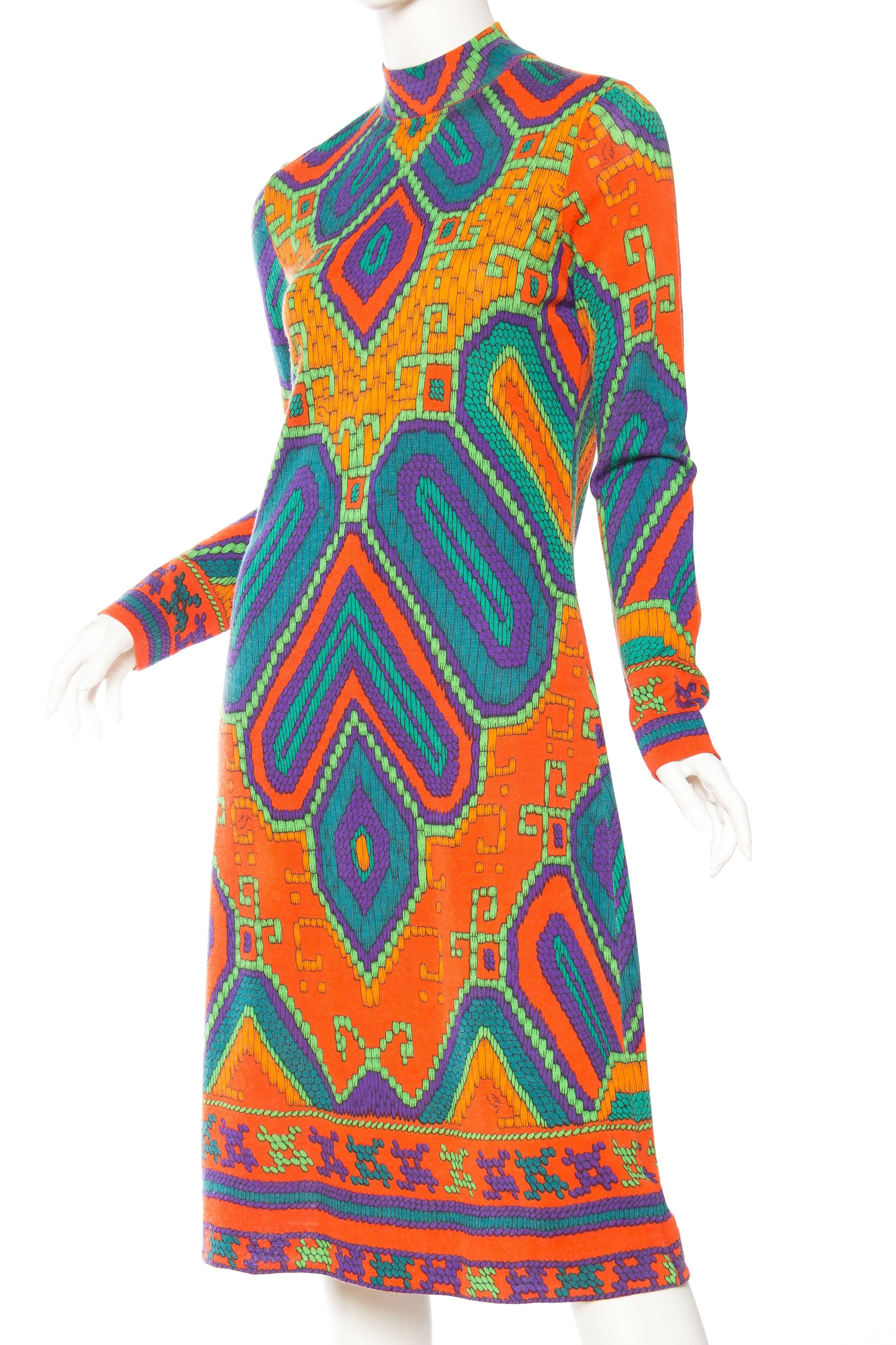 Women's 1960S LEONARD Orange & Blue Wool Blend Knit Long Sleeve Moroccan Print Mod Dress