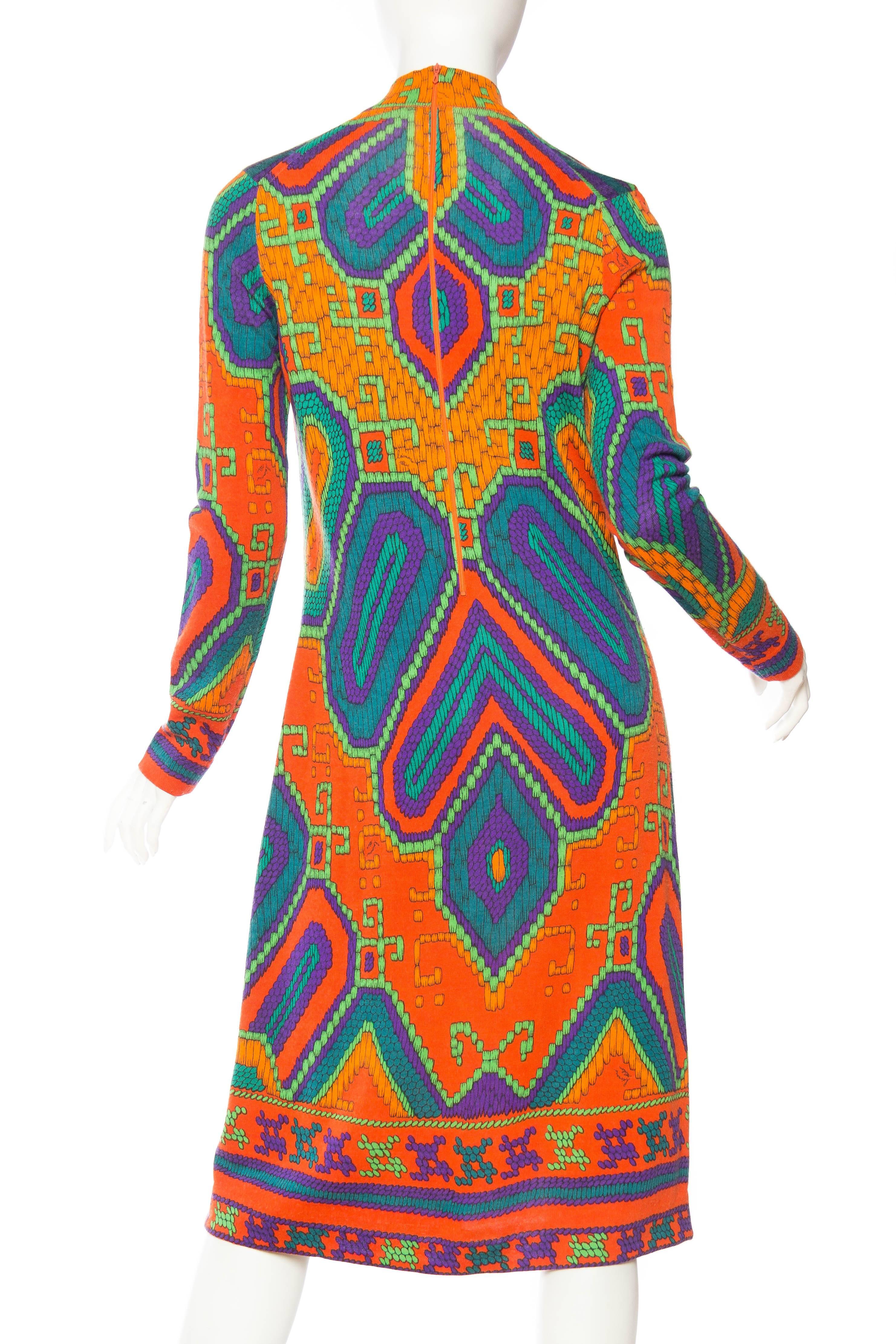 1960S LEONARD Orange & Blue Wool Blend Knit Long Sleeve Moroccan Print Mod Dress 1