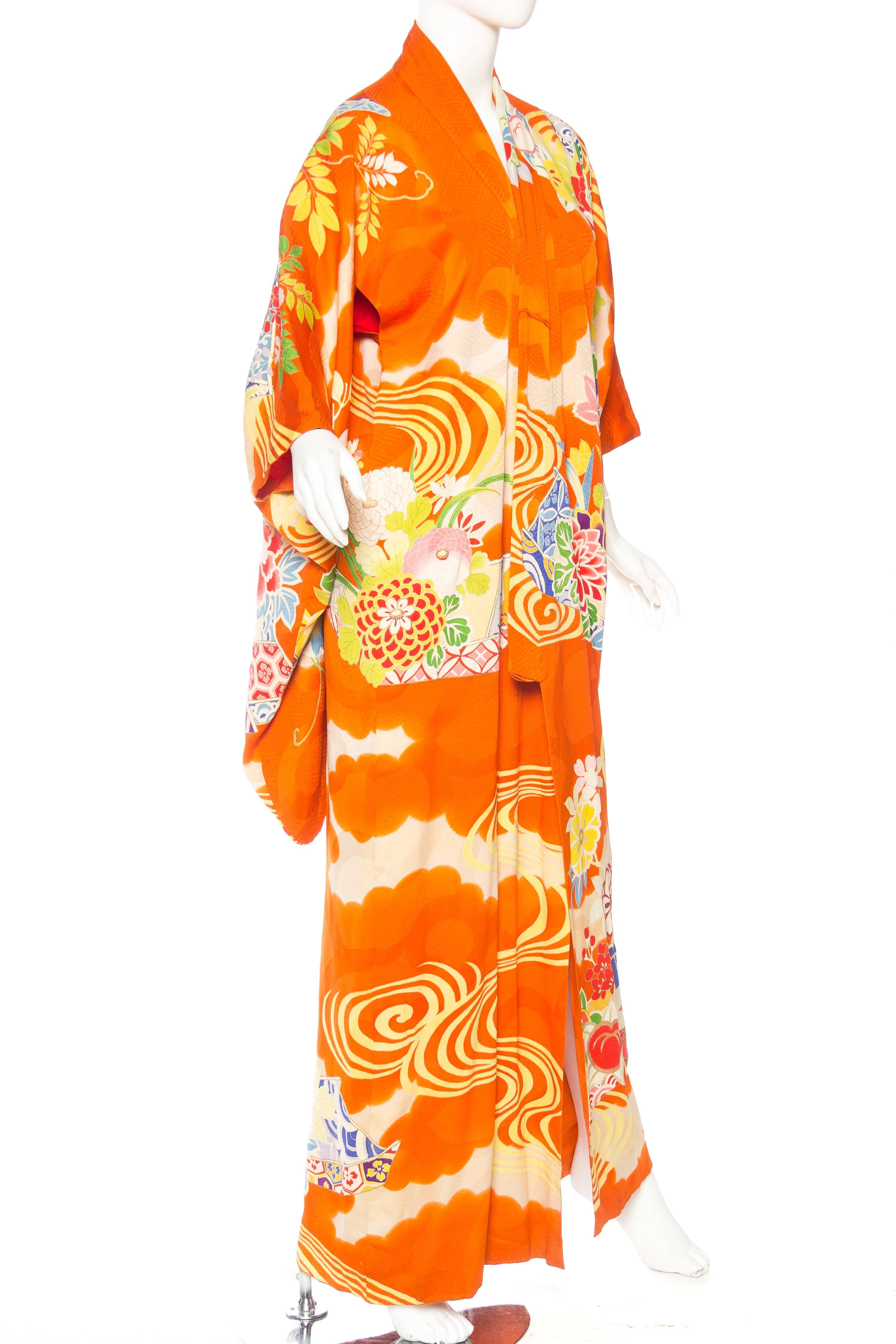 Orange Japanese Hand Painted and Embroidered Kimono