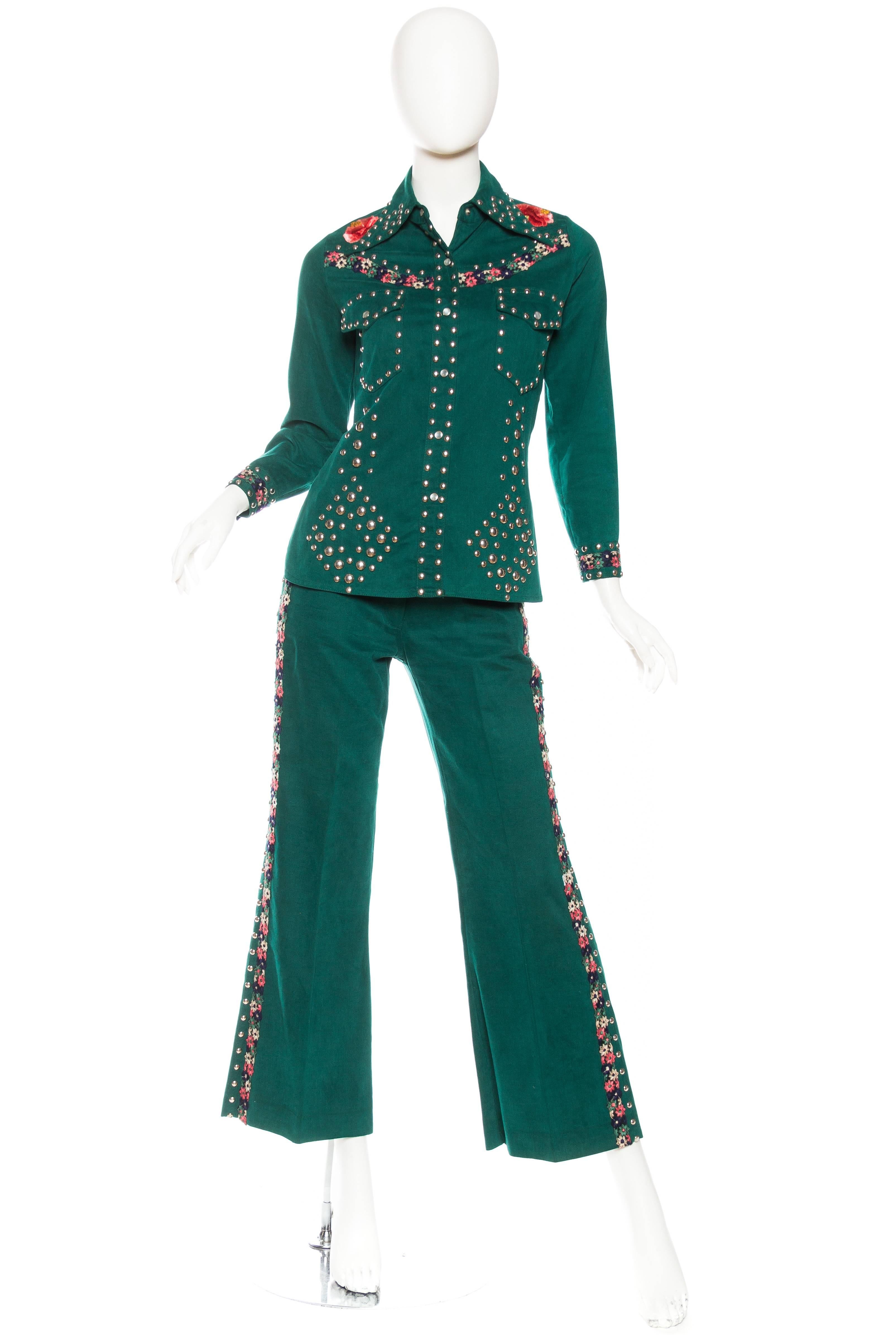 Blue Gucci Style 1970s Studded Denim Suit with Floral Embroidery