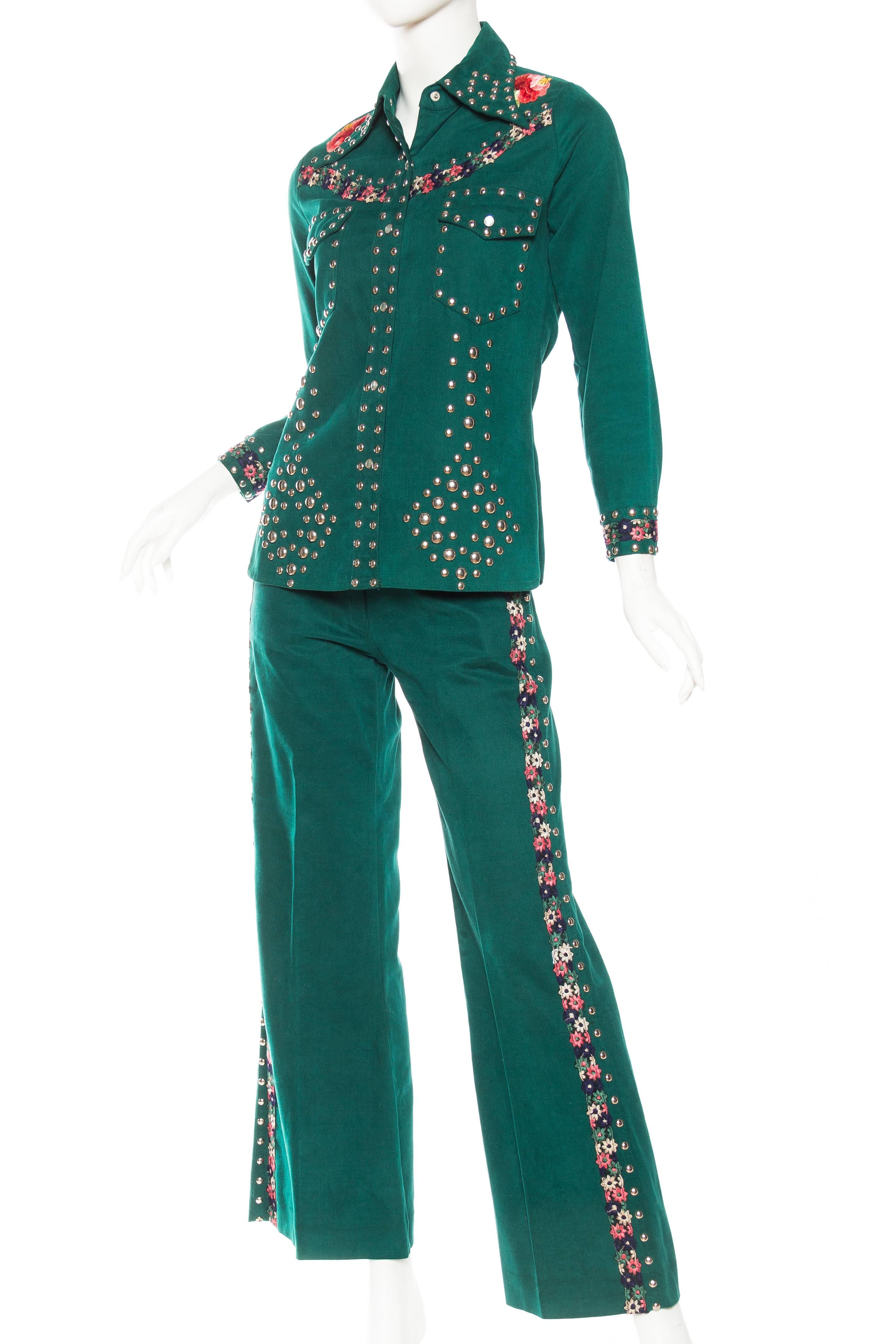 Women's Gucci Style 1970s Studded Denim Suit with Floral Embroidery