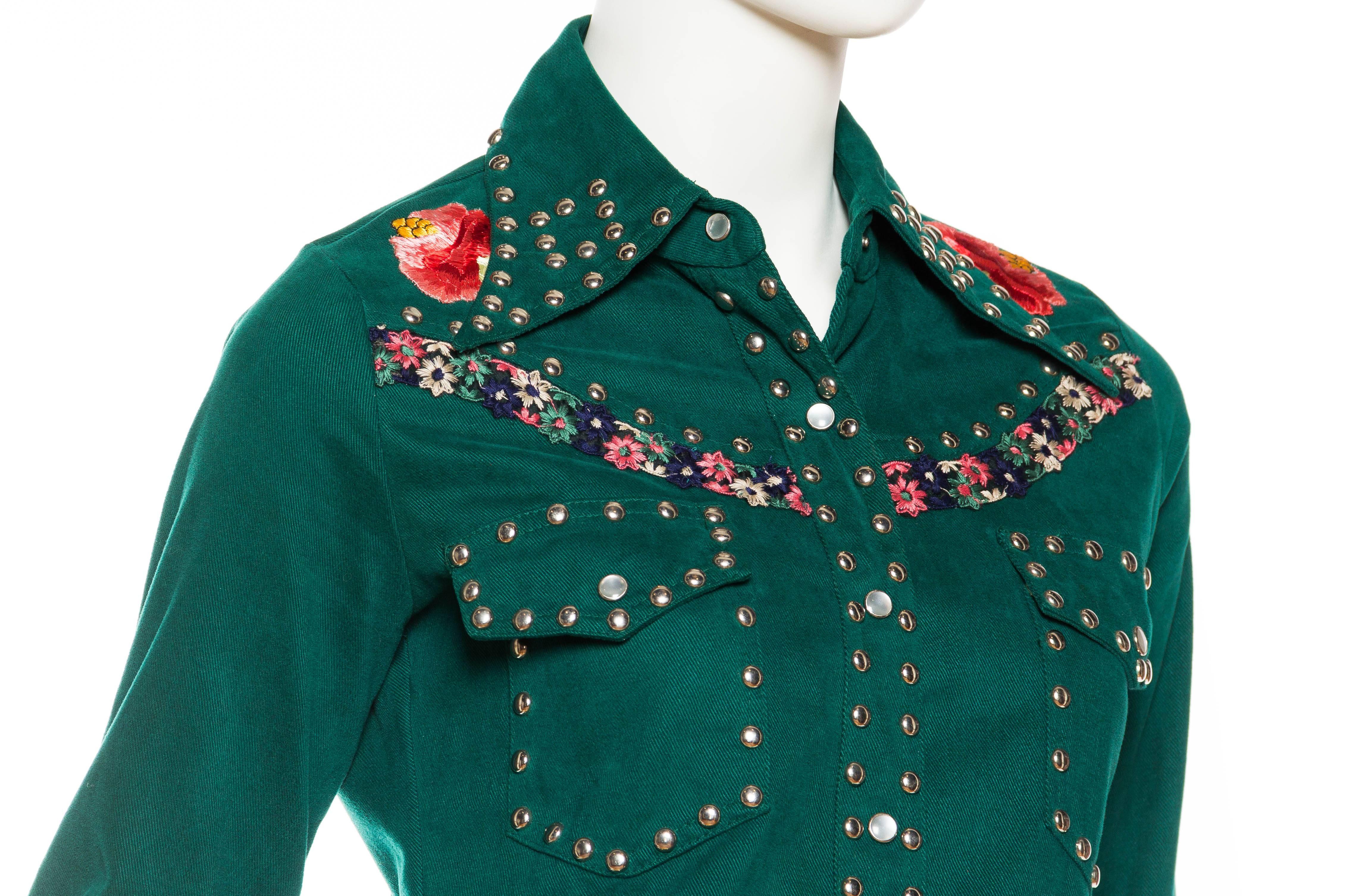 Gucci Style 1970s Studded Denim Suit with Floral Embroidery 2