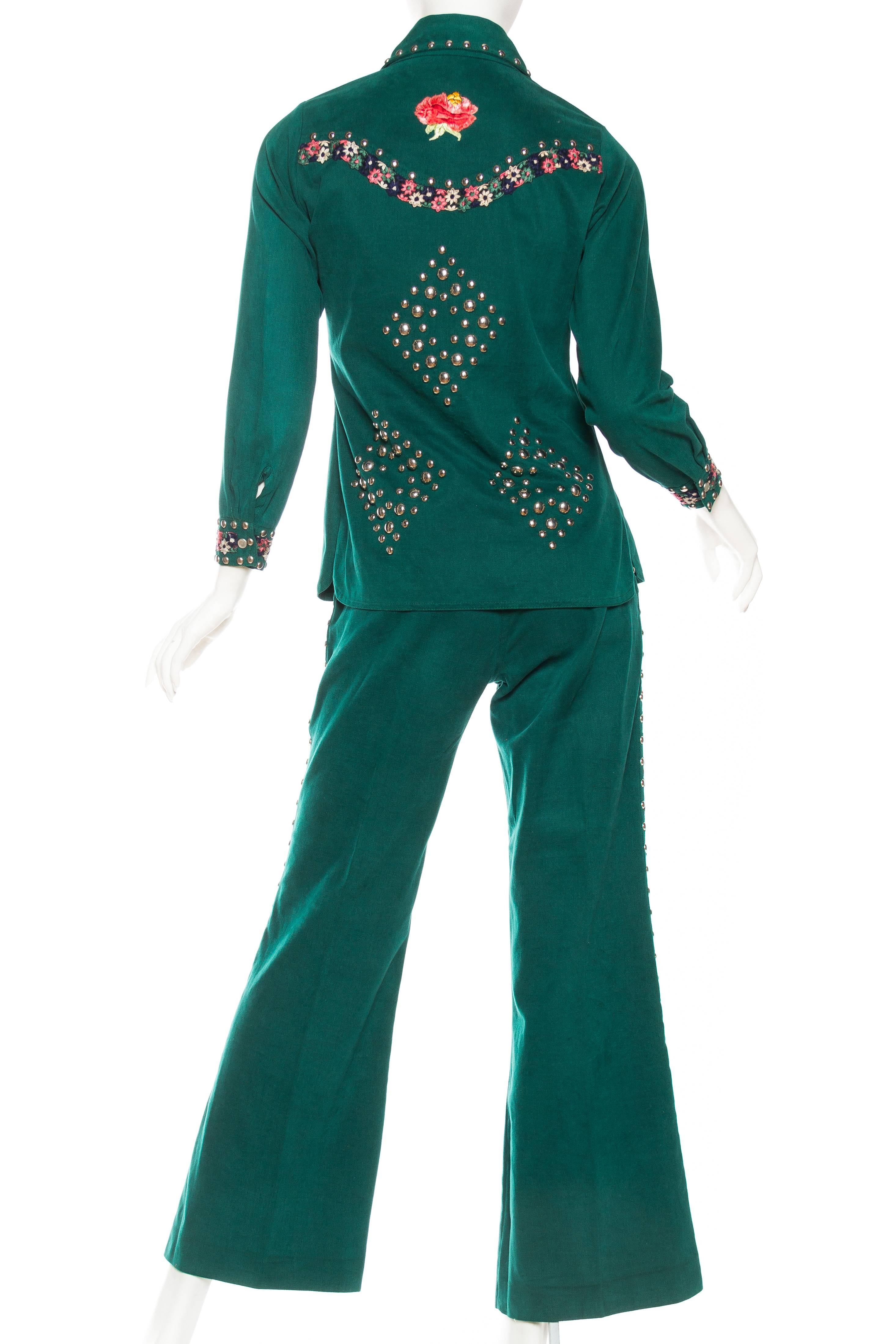 Gucci Style 1970s Studded Denim Suit with Floral Embroidery 1