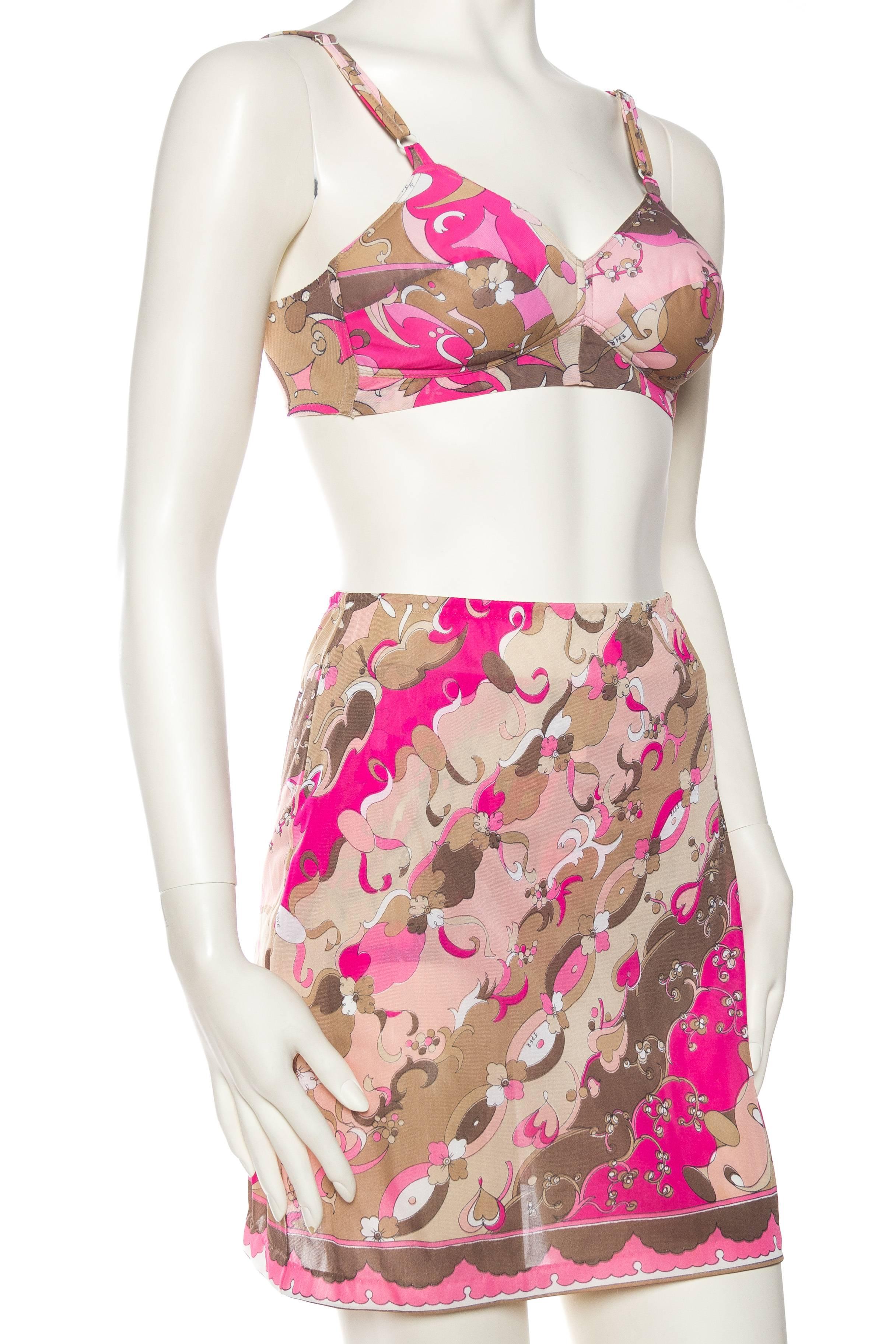 1960S EMILIO PUCCI Pink Nylon Jersey Bra, Panties, And Skirt Slip Ensemble In Excellent Condition In New York, NY