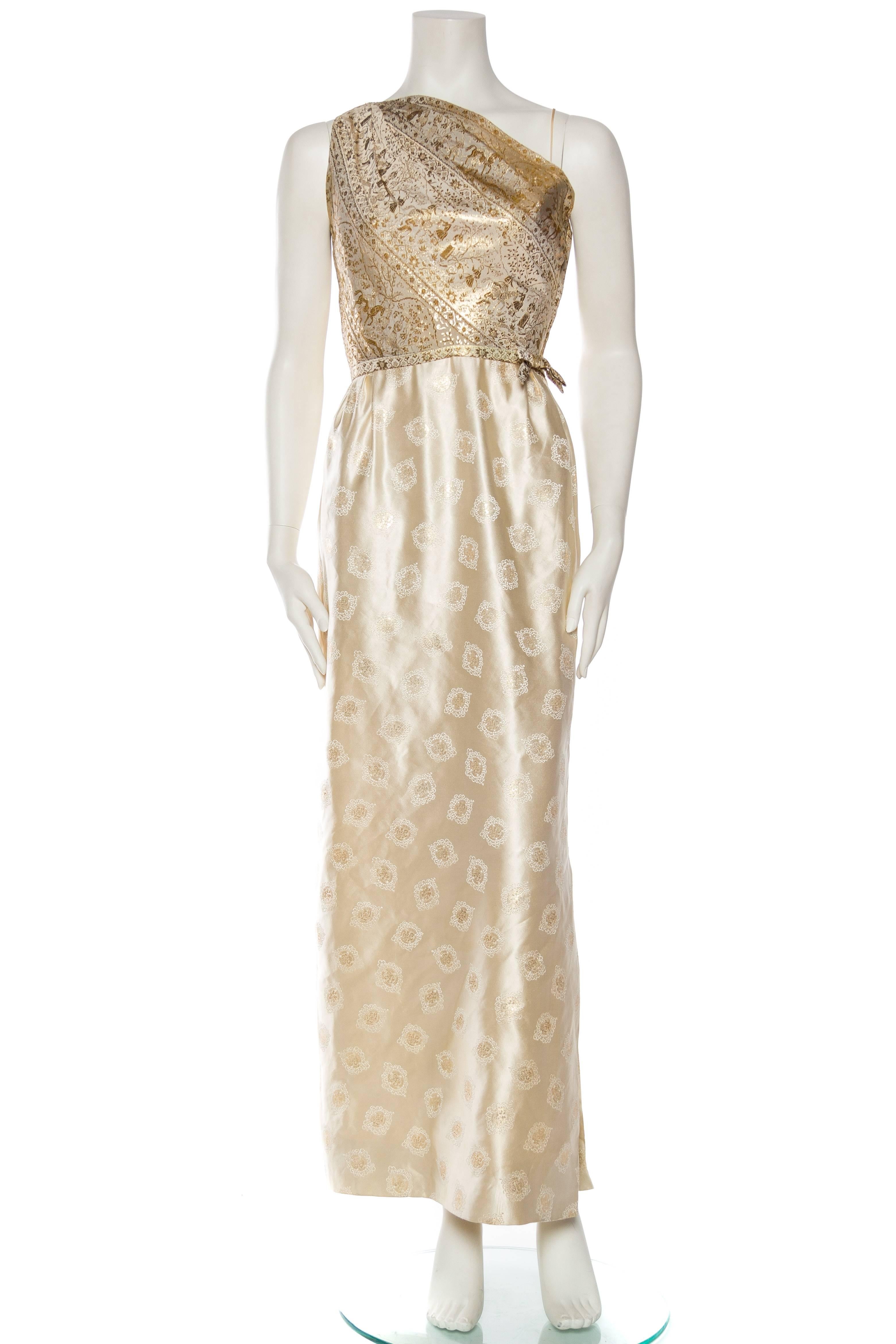 1950S FRANK STARR Champagne & Gold Silk Lurex Syrian Scenic Jacquard One Shoulder Gown