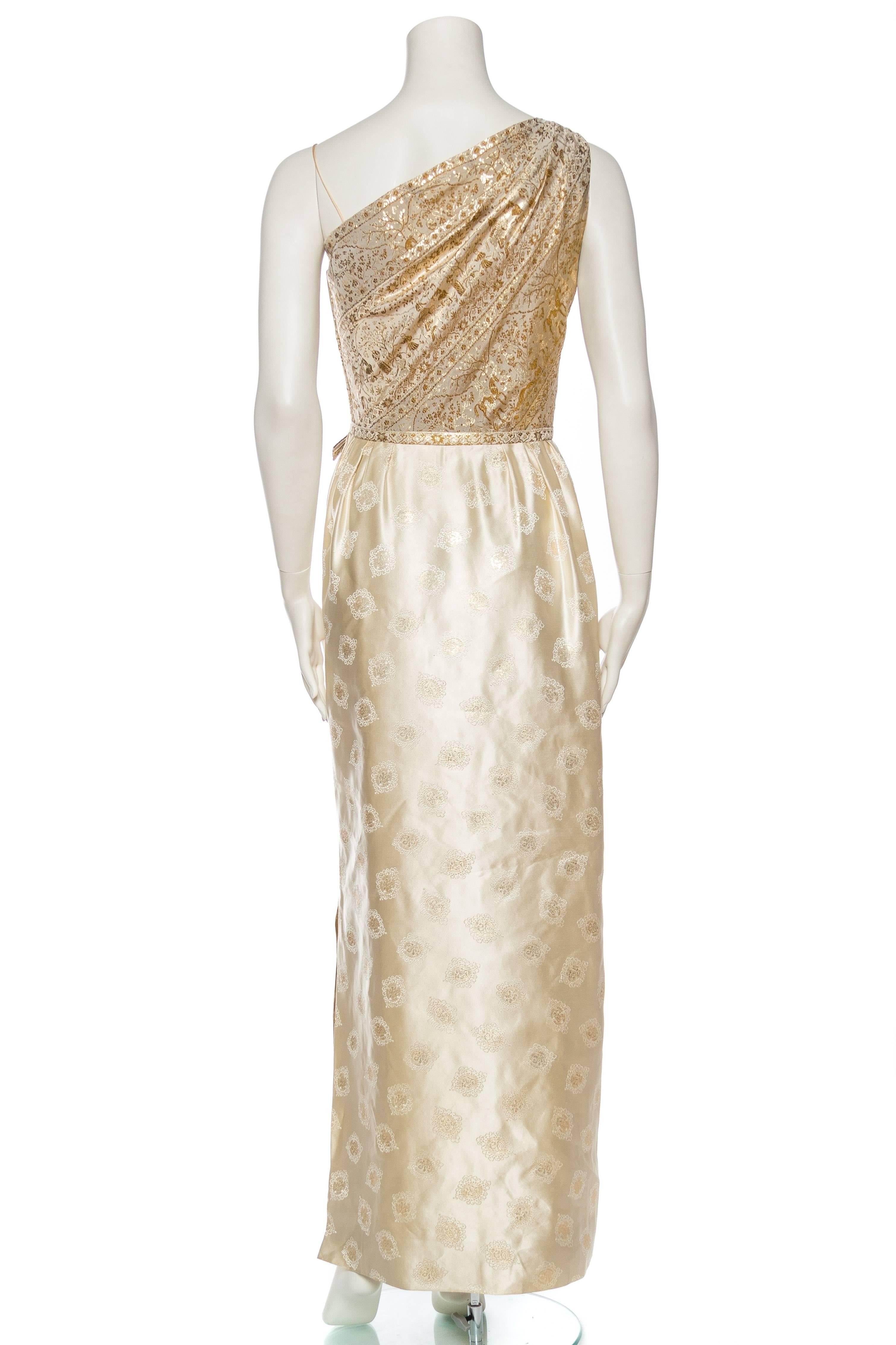 Women's 1950S FRANK STARR Champagne & Gold Silk Lurex Syrian Scenic Jacquard One Should