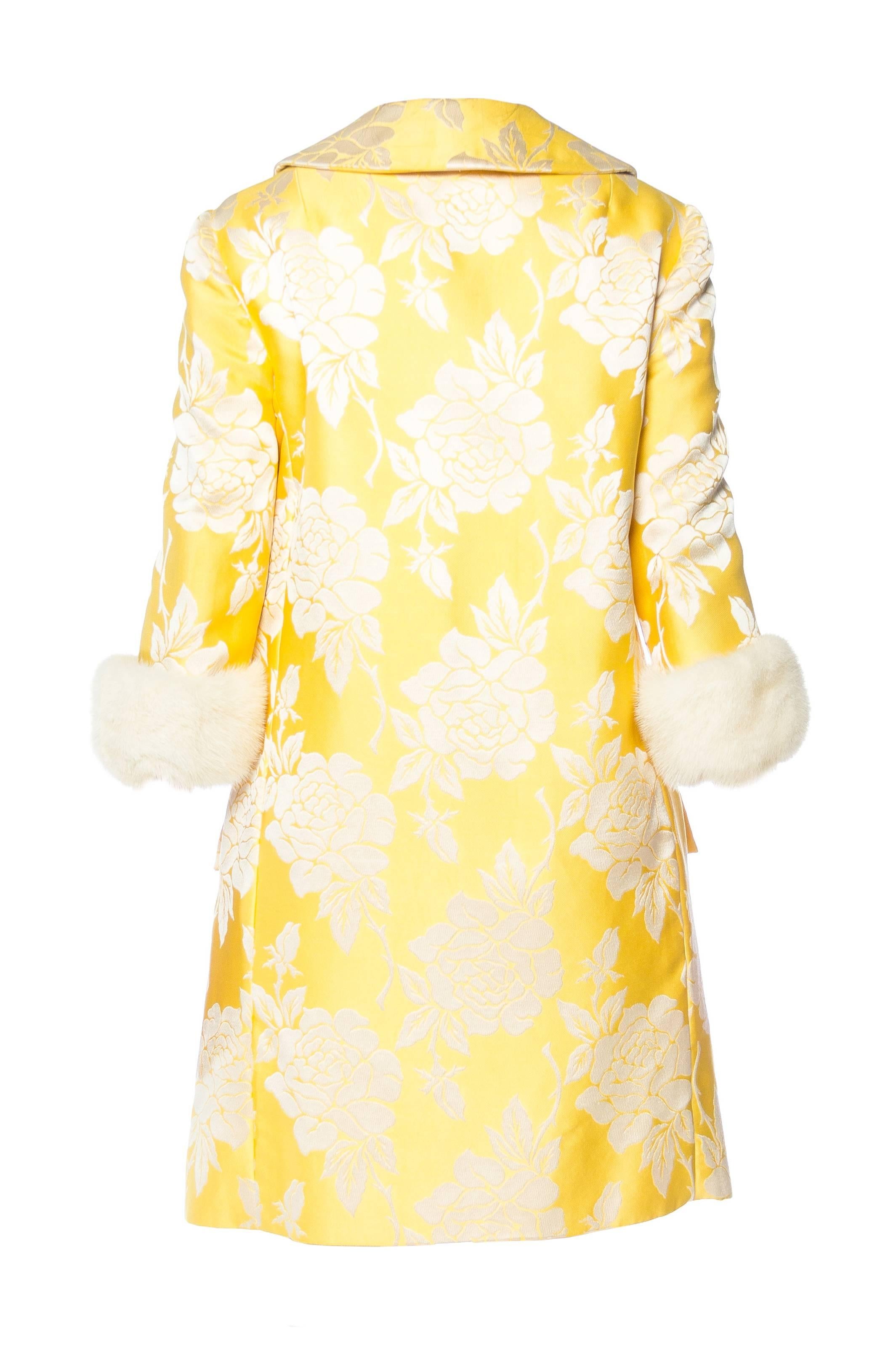 Yellow 1960s Rose Silk Coat and Dress with Mink Trim
