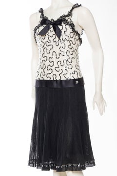 1990S CHANEL Black & White Rayon Nylon Net Cocktail Dress Beaded With Flower Se