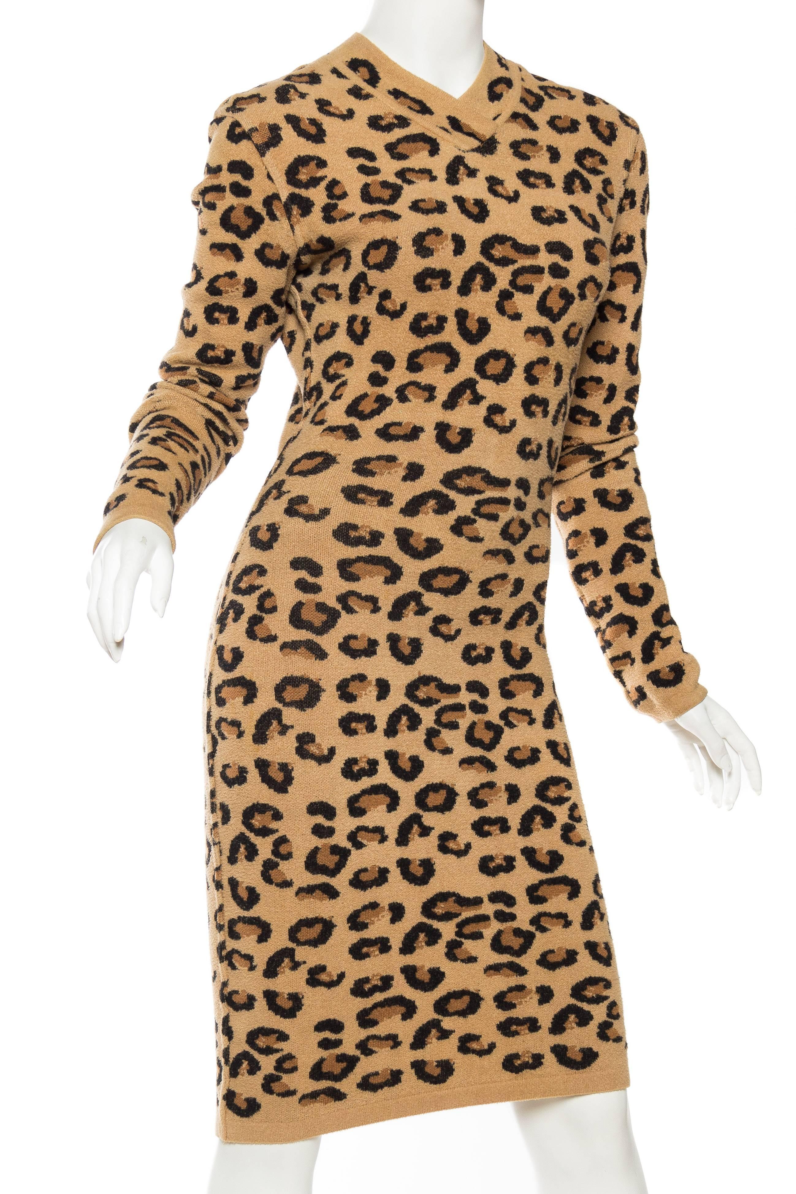 Brown AZZEDINE ALAIA Wool Blend Knit Iconic 1991 Leopard Collection Dress