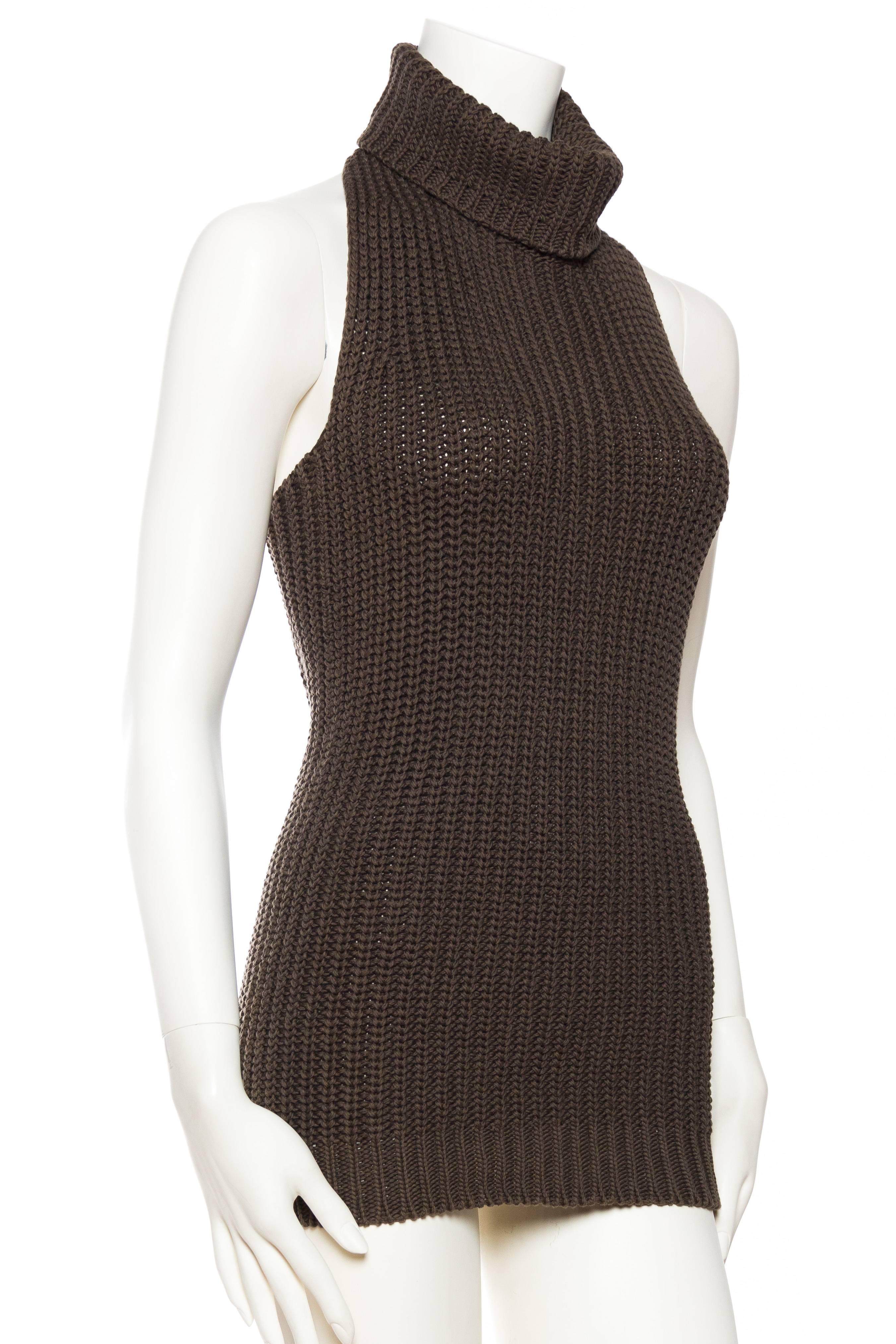 1990S Cotton Backless Knit Cowl Neck Halter Top Mini Dress In Excellent Condition In New York, NY
