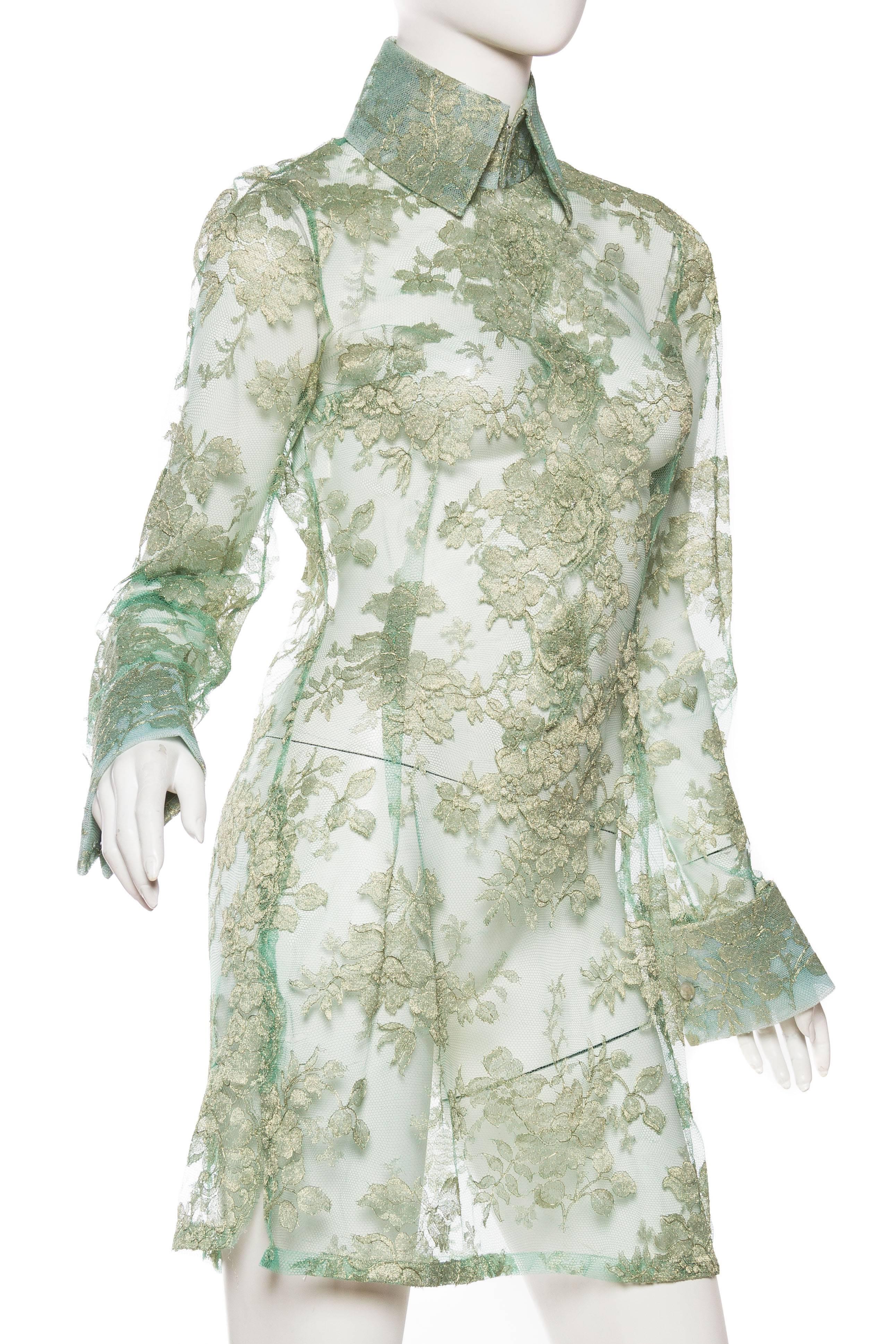 1990S DOLCE & GABBANA Mint Green Sheer Silk Lurex Chantilly Lace Shirt Dress In Excellent Condition In New York, NY