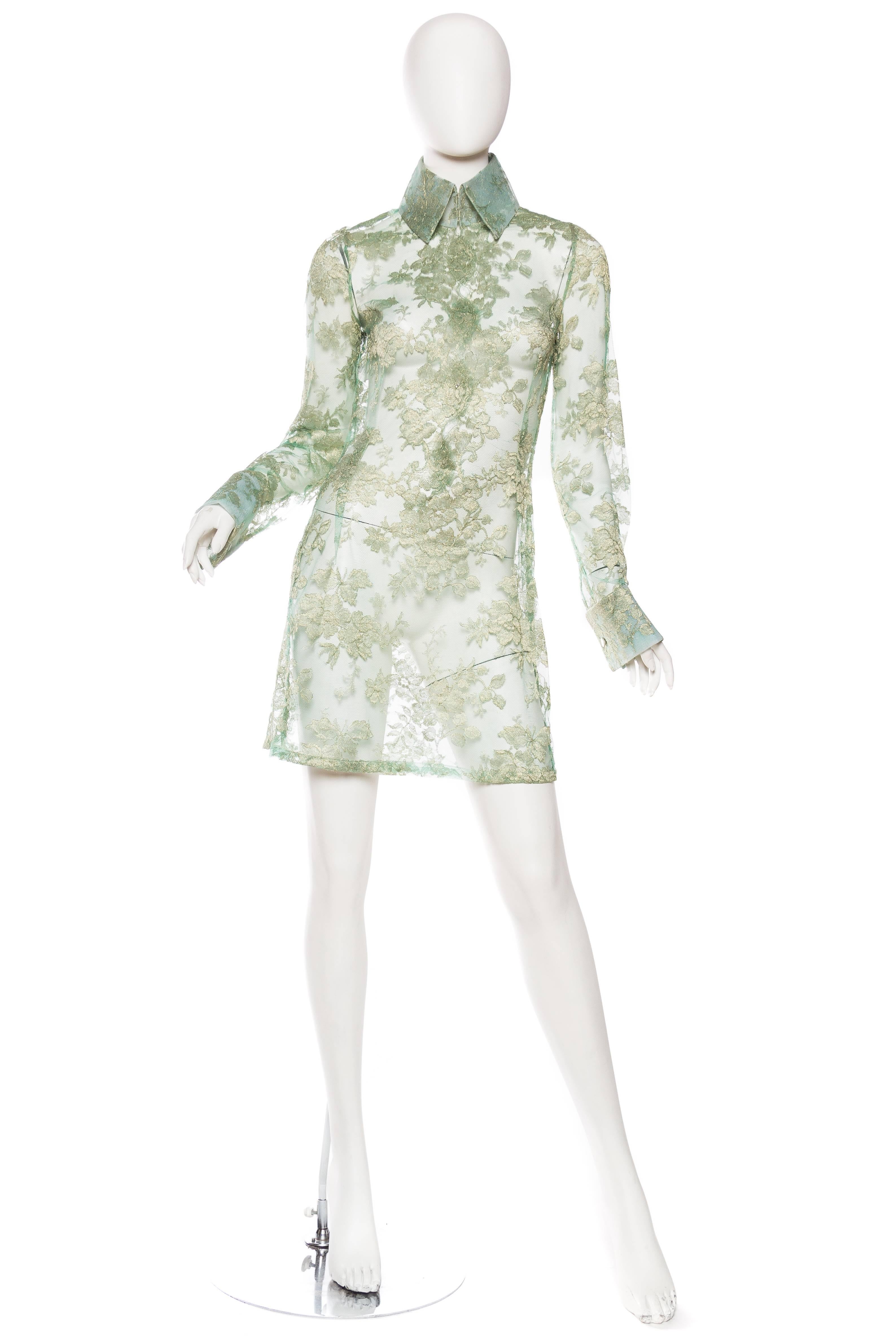 Gray 1990S DOLCE & GABBANA Mint Green Sheer Silk Lurex Chantilly Lace Shirt Dress