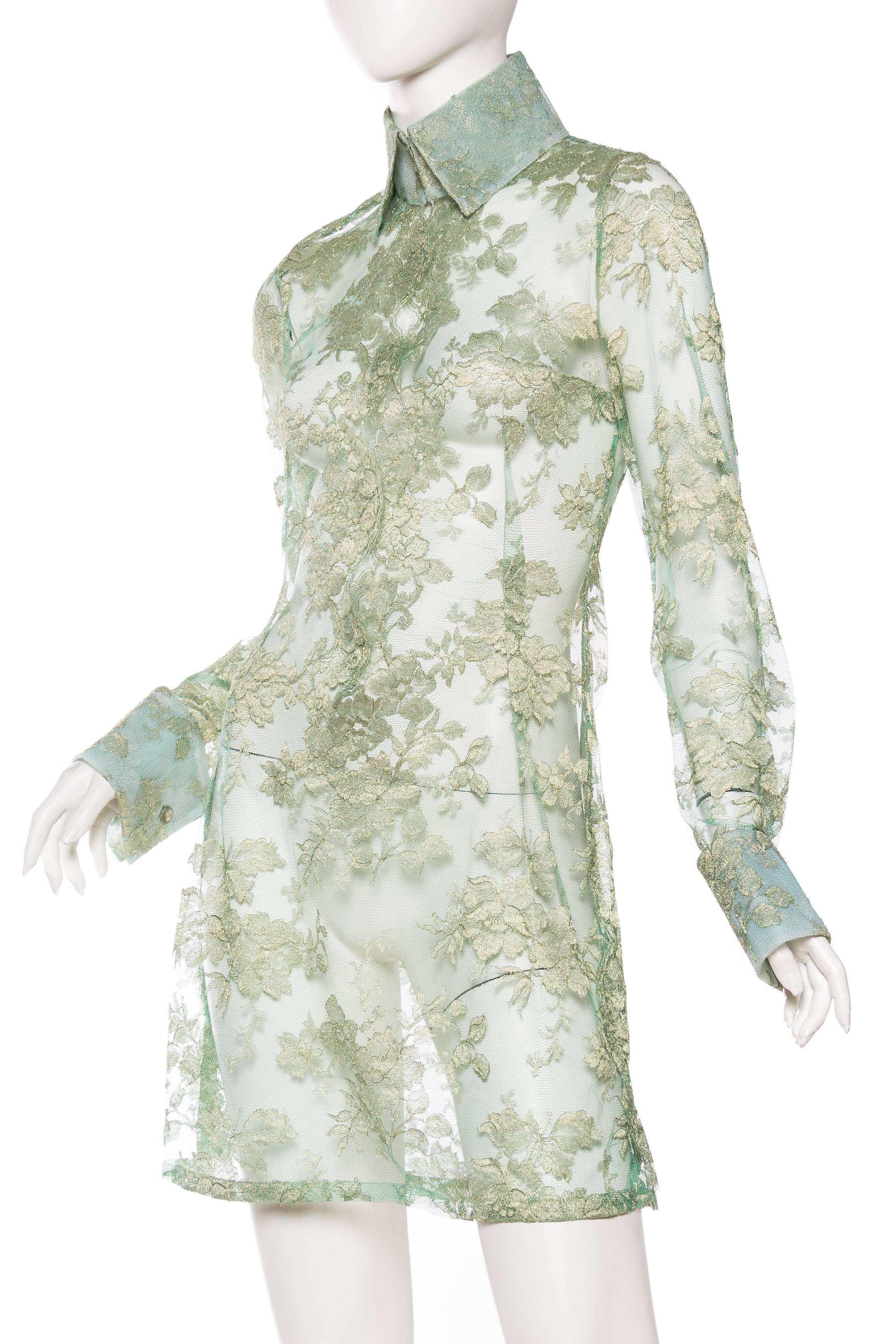 Women's 1990S DOLCE & GABBANA Mint Green Sheer Silk Lurex Chantilly Lace Shirt Dress