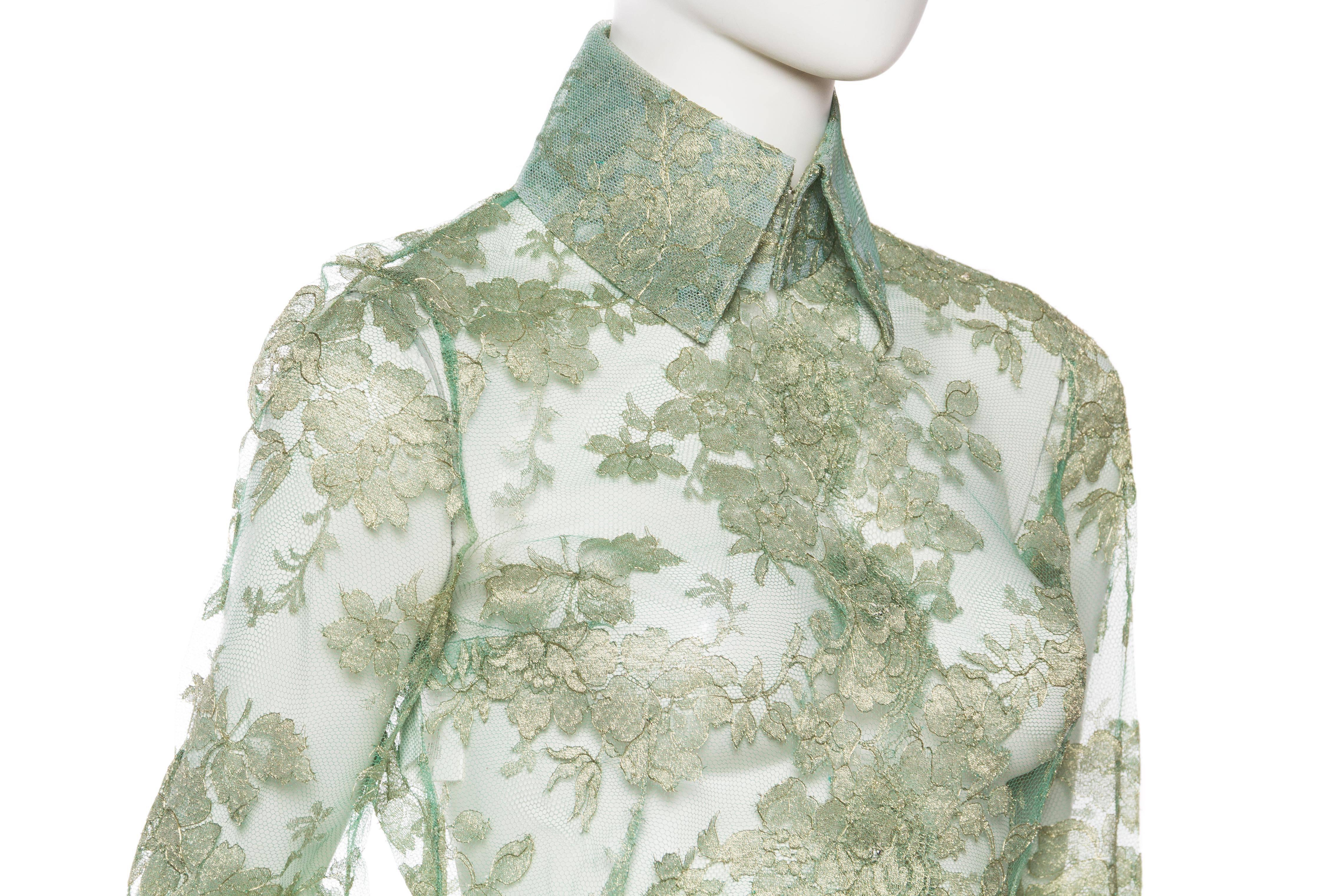 1990S DOLCE & GABBANA Mint Green Sheer Silk Lurex Chantilly Lace Shirt Dress 2