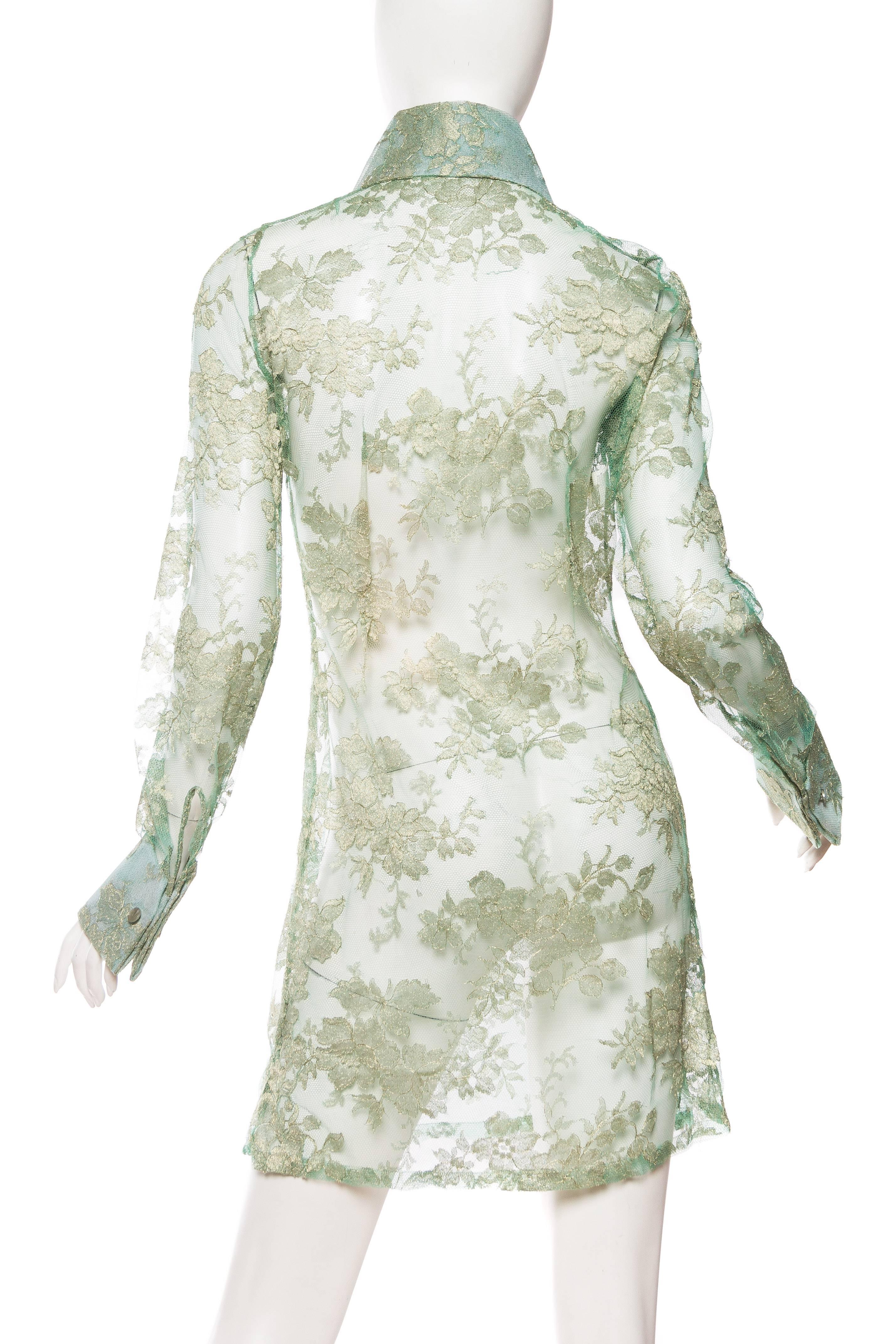 1990S DOLCE & GABBANA Mint Green Sheer Silk Lurex Chantilly Lace Shirt Dress 1