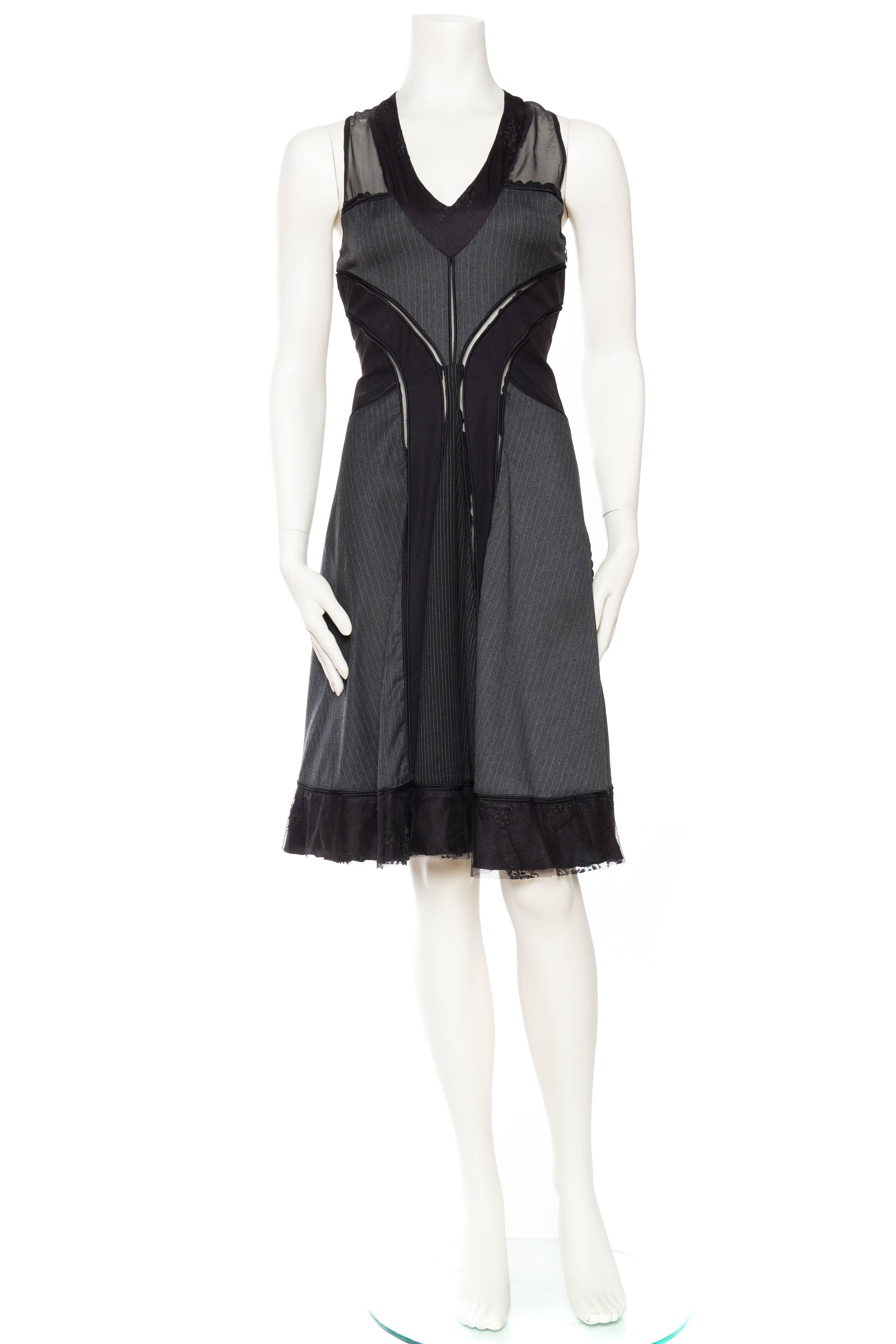 Black 1990S JEAN PAUL GAULTIER Dark Grey Wool & Silk Pinstripe Dress With Sheer Panels