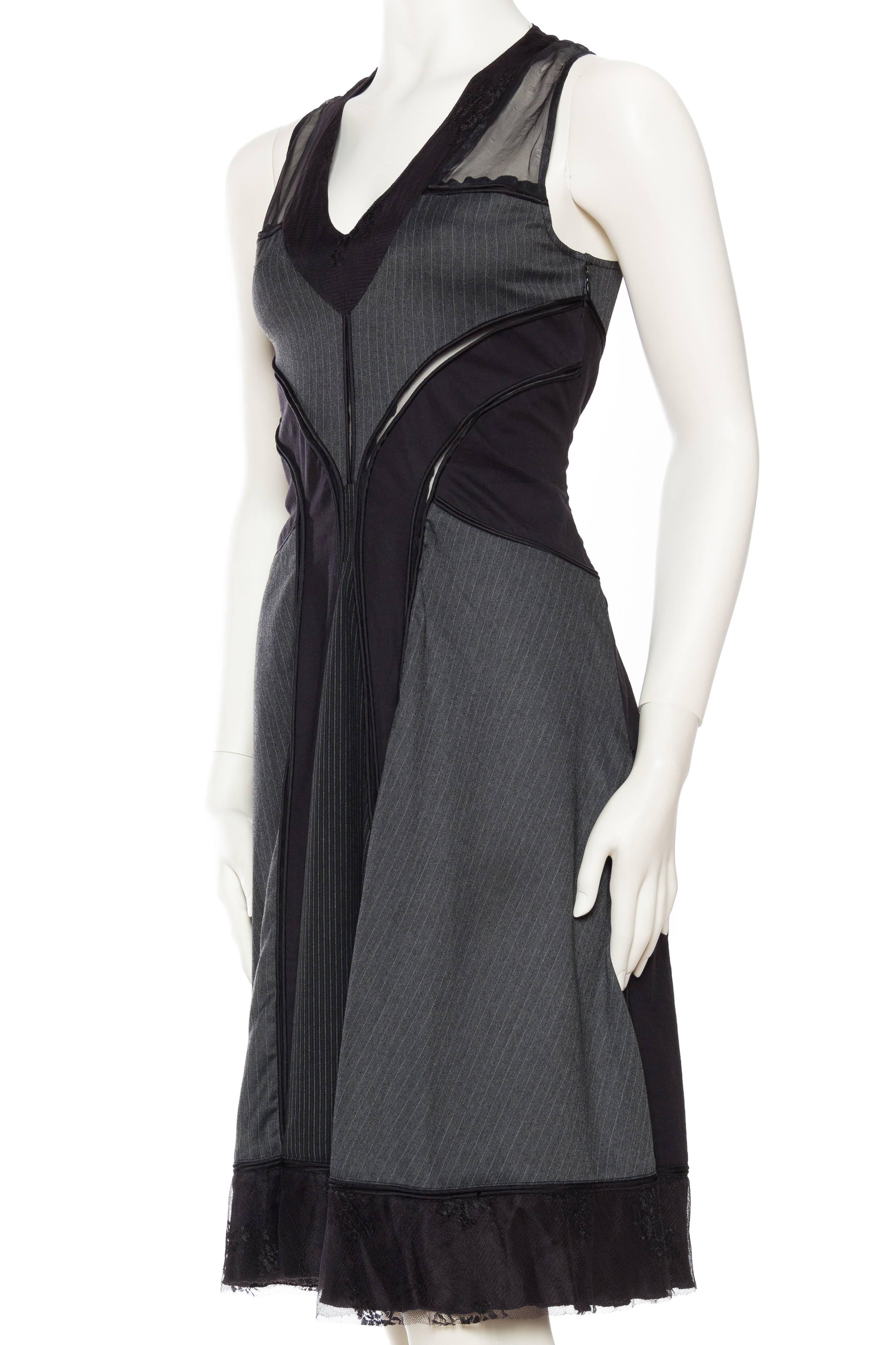 Women's 1990S JEAN PAUL GAULTIER Dark Grey Wool & Silk Pinstripe Dress With Sheer Panels